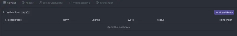 Administrasjonsfanen for e-postdomenet med knappen Opprett konto øverst til høyre
