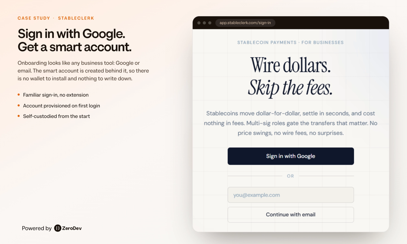 StableClerk sign-in screen showing Google and email onboarding for a self-custodied smart account powered by ZeroDev.