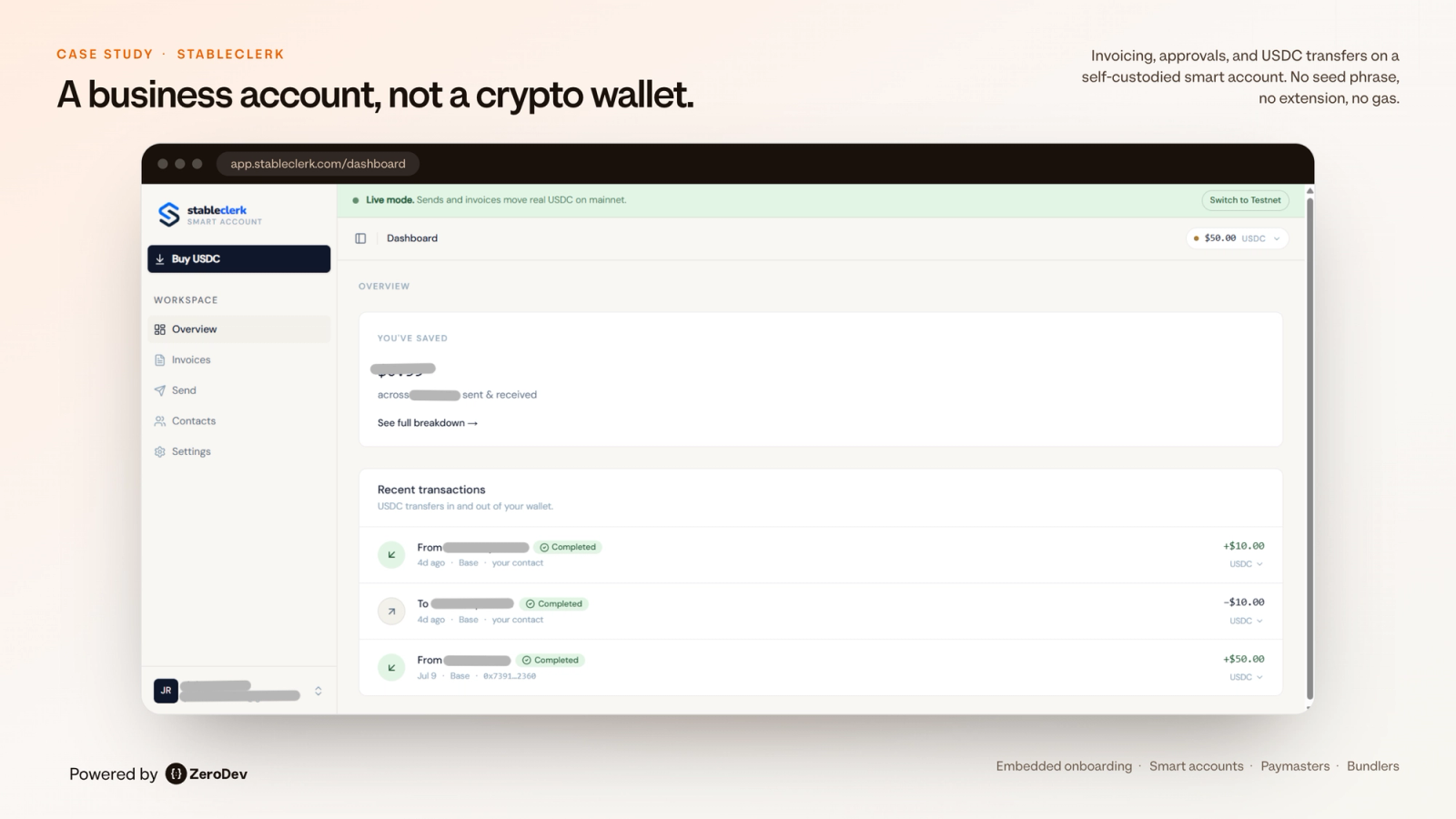 StableClerk dashboard showing self-custodied USDC payments, invoicing, and transaction management powered by ZeroDev smart accounts.