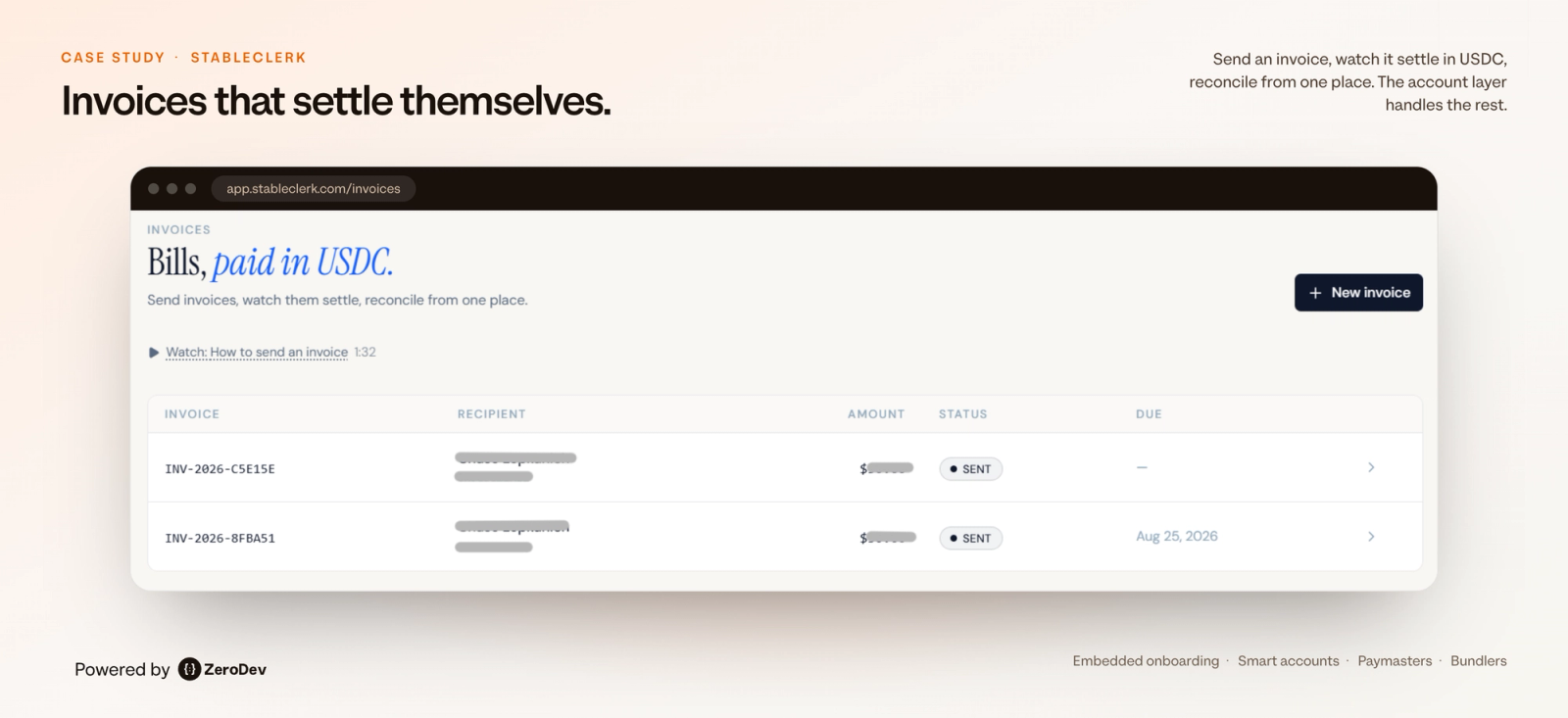 StableClerk invoicing dashboard showing business invoices that settle in USDC, powered by ZeroDev smart account infrastructure.