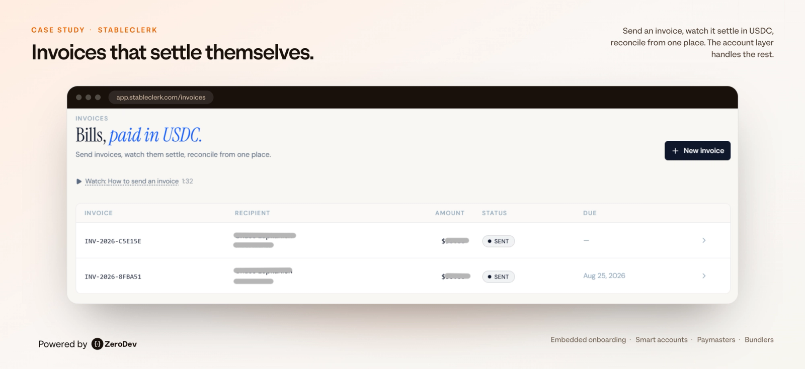 StableClerk invoicing dashboard showing business invoices that settle in USDC, powered by ZeroDev smart account infrastructure.