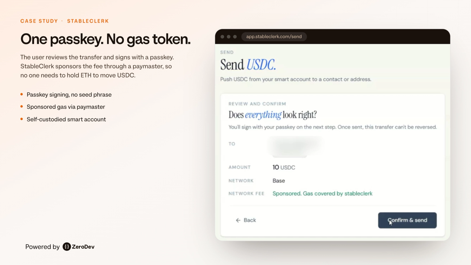 StableClerk transfer screen showing a 10 USDC payment signed with a passkey and gas sponsored through a ZeroDev paymaster.