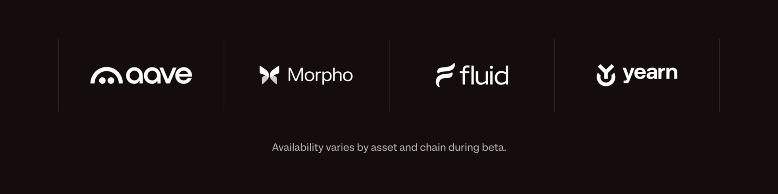 Logos of the protocols supported in the ZeroDev Earn beta: Aave, Morpho, Fluid, and Yearn. Availability varies by asset and chain.