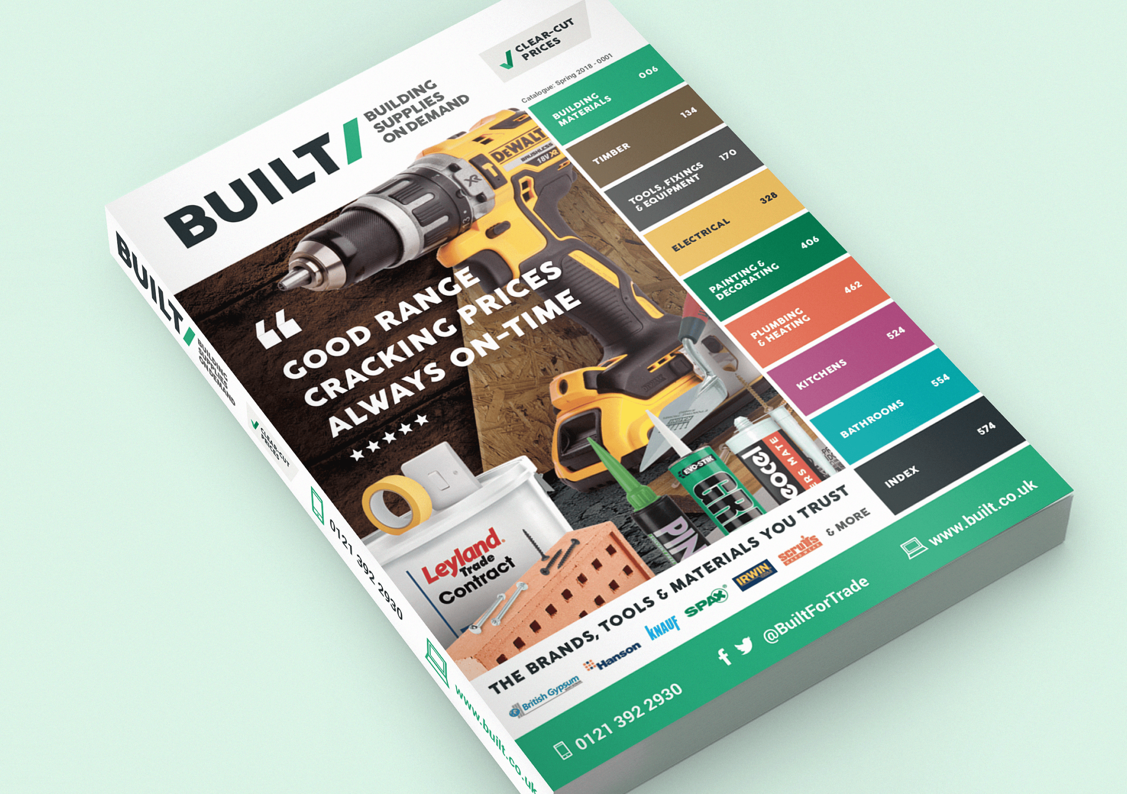 Built builders merchant product range catalogue book sitting on a green surface with visible cover