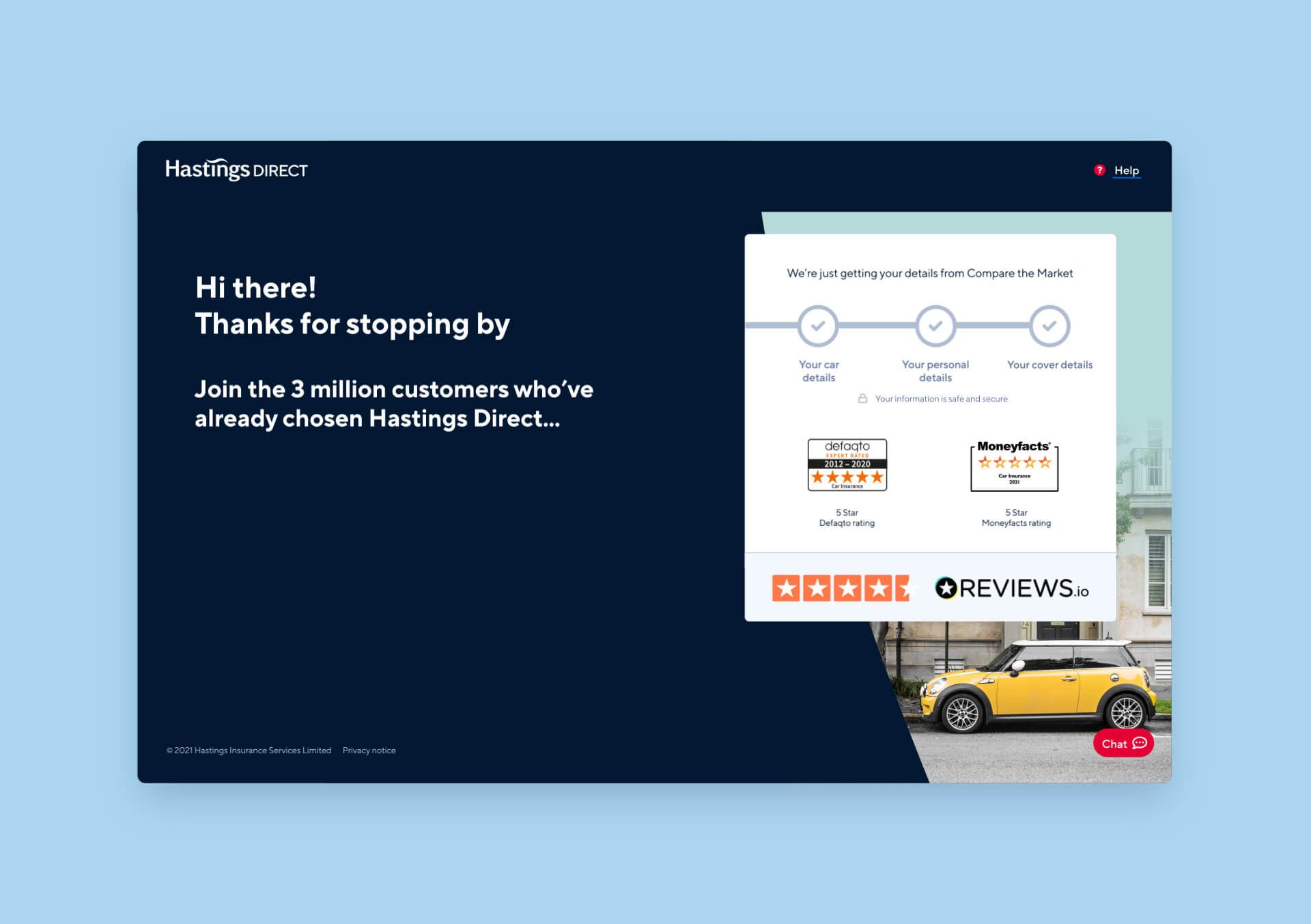 An image showing the screen that is shown when you click on an insurance quote on a comparison website and are being transferred to the Hastings website.