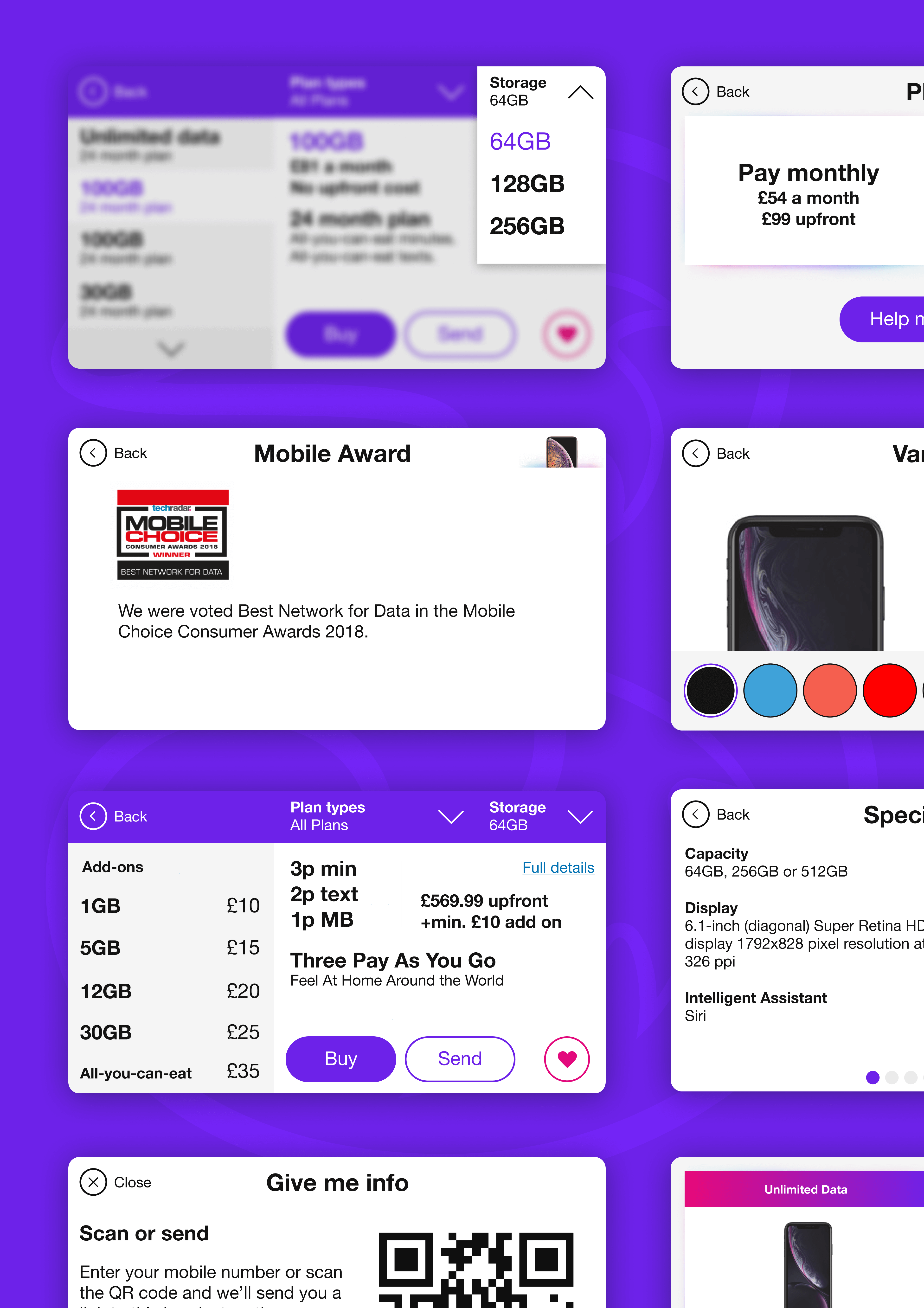 A range of screen designs for Three's digital ticketing system design