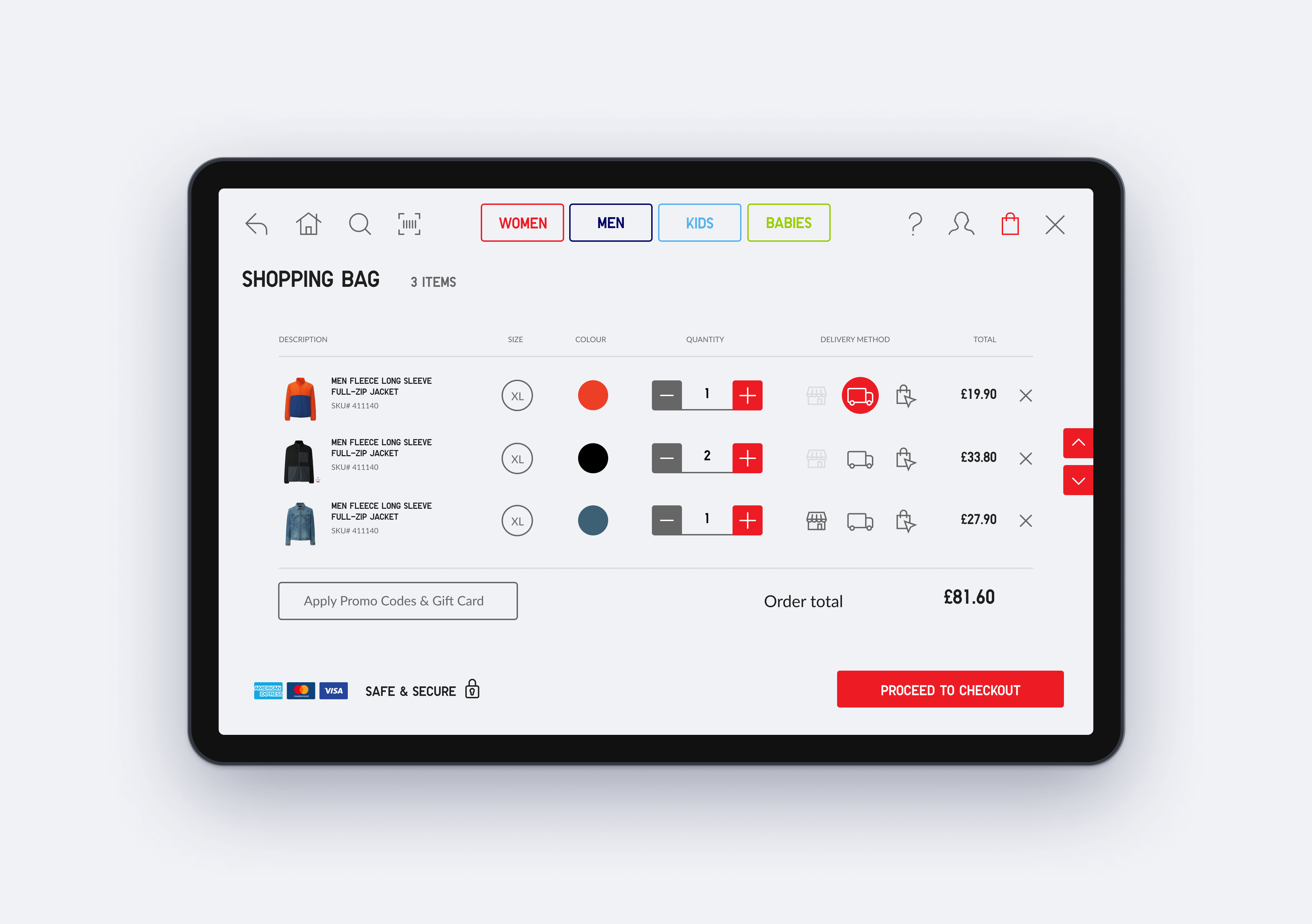 The Uniqlo kiosk screen design for the basket functionality