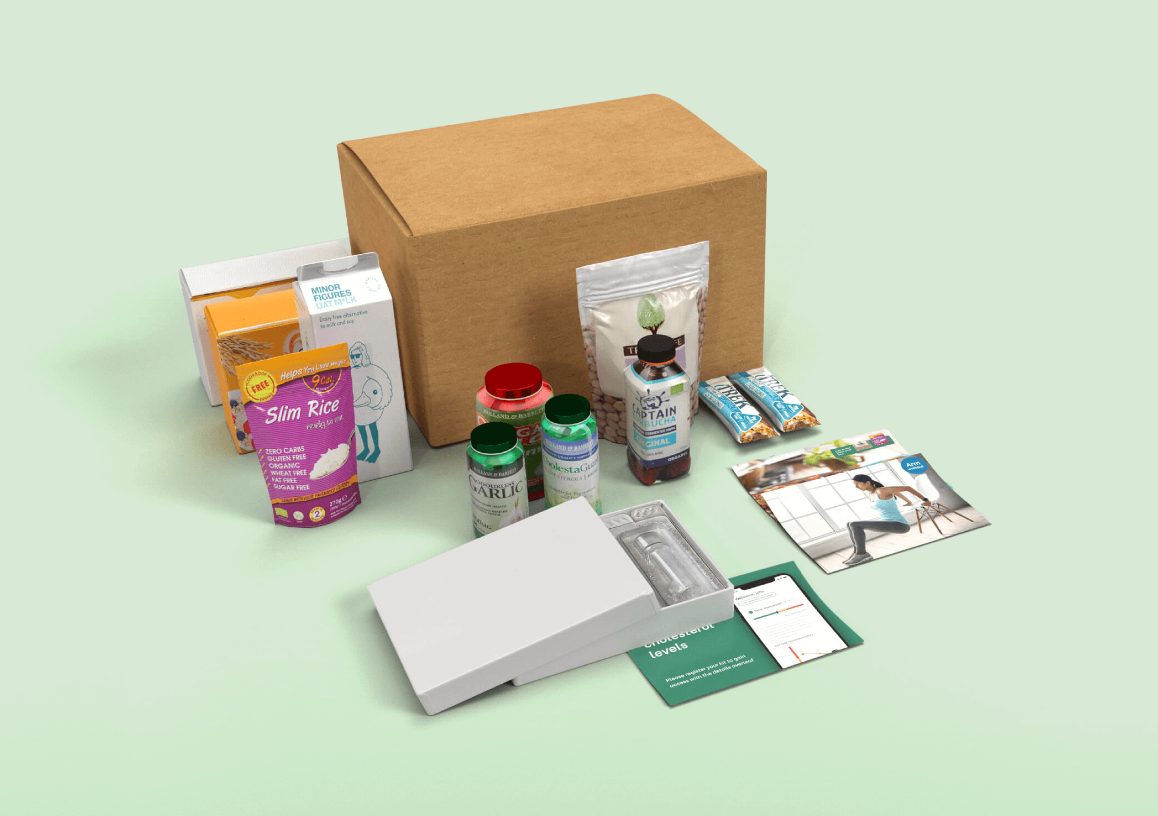 An image showing the contents of the cholesterol testing kit