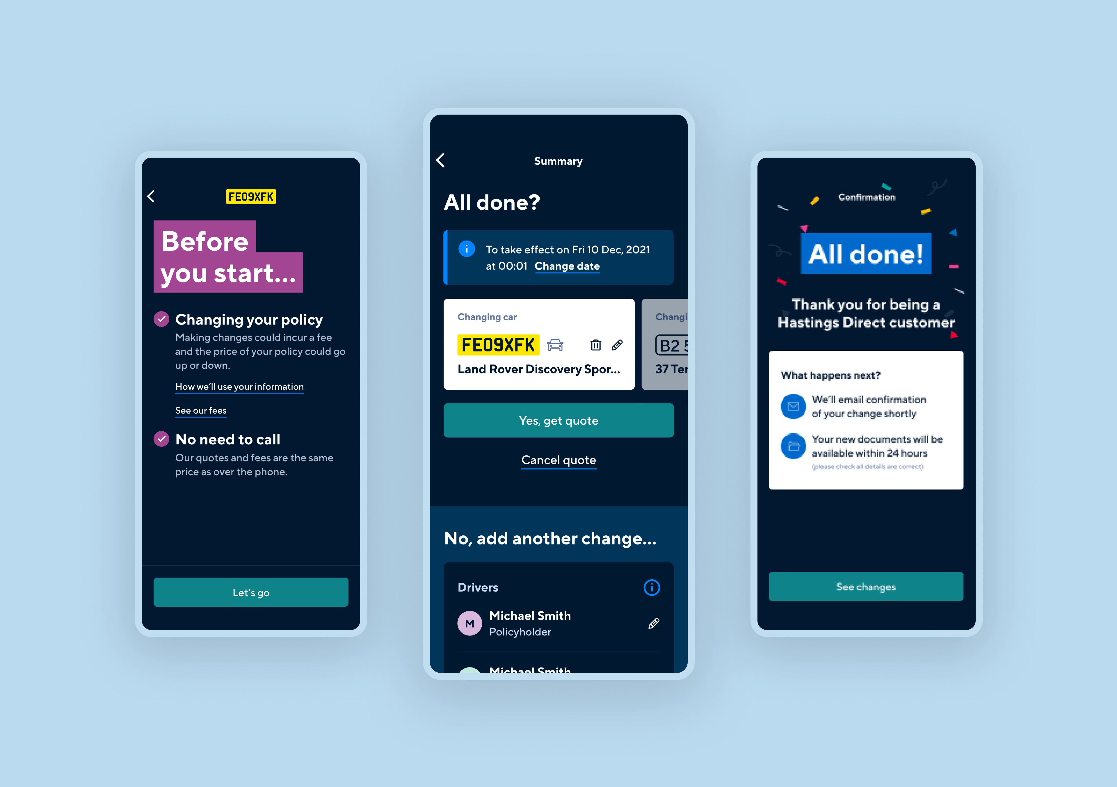 Hastings Direct compact mobile screen views of the mid term adjustment process
