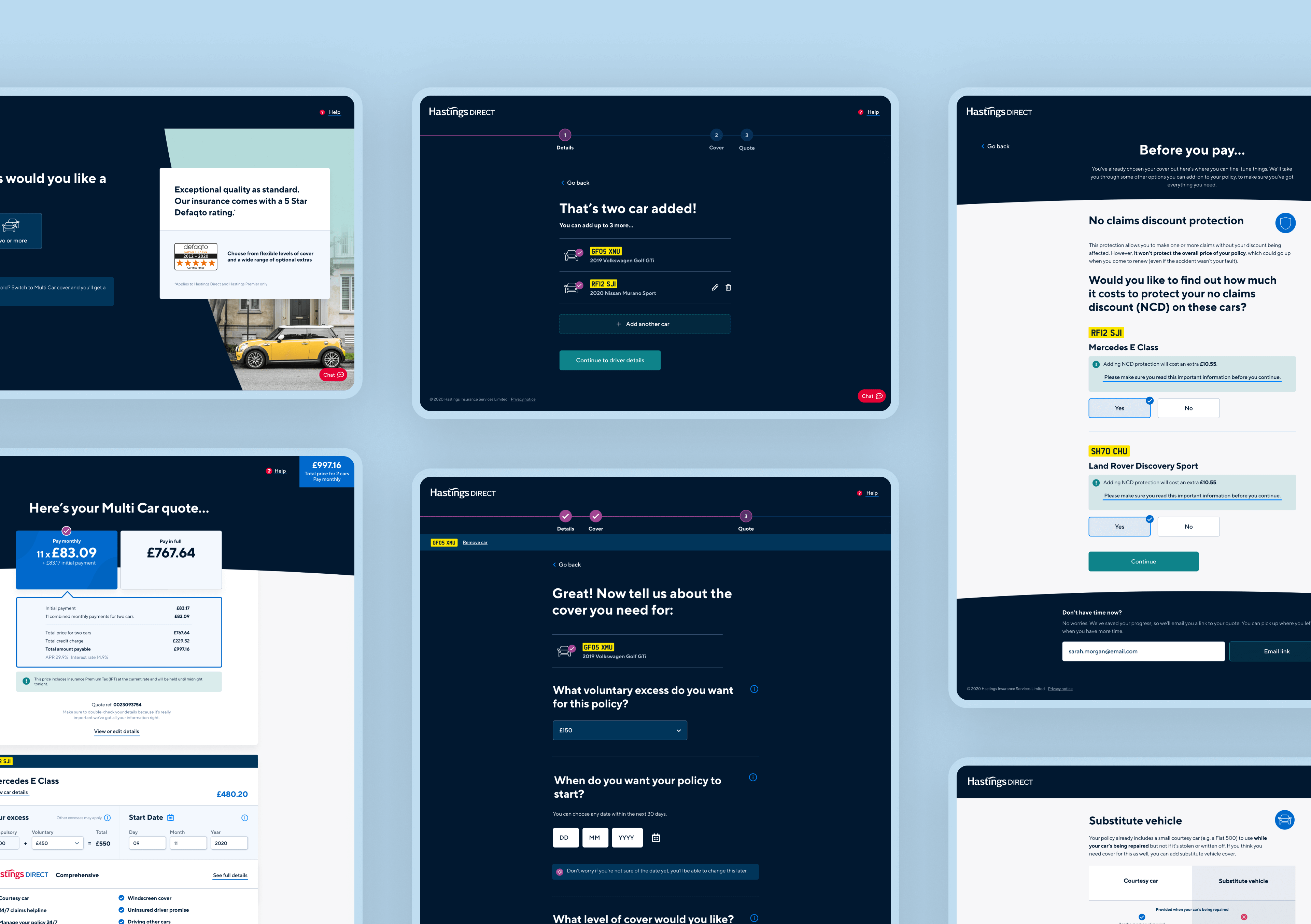 6 screens showing screens for multi car quotes