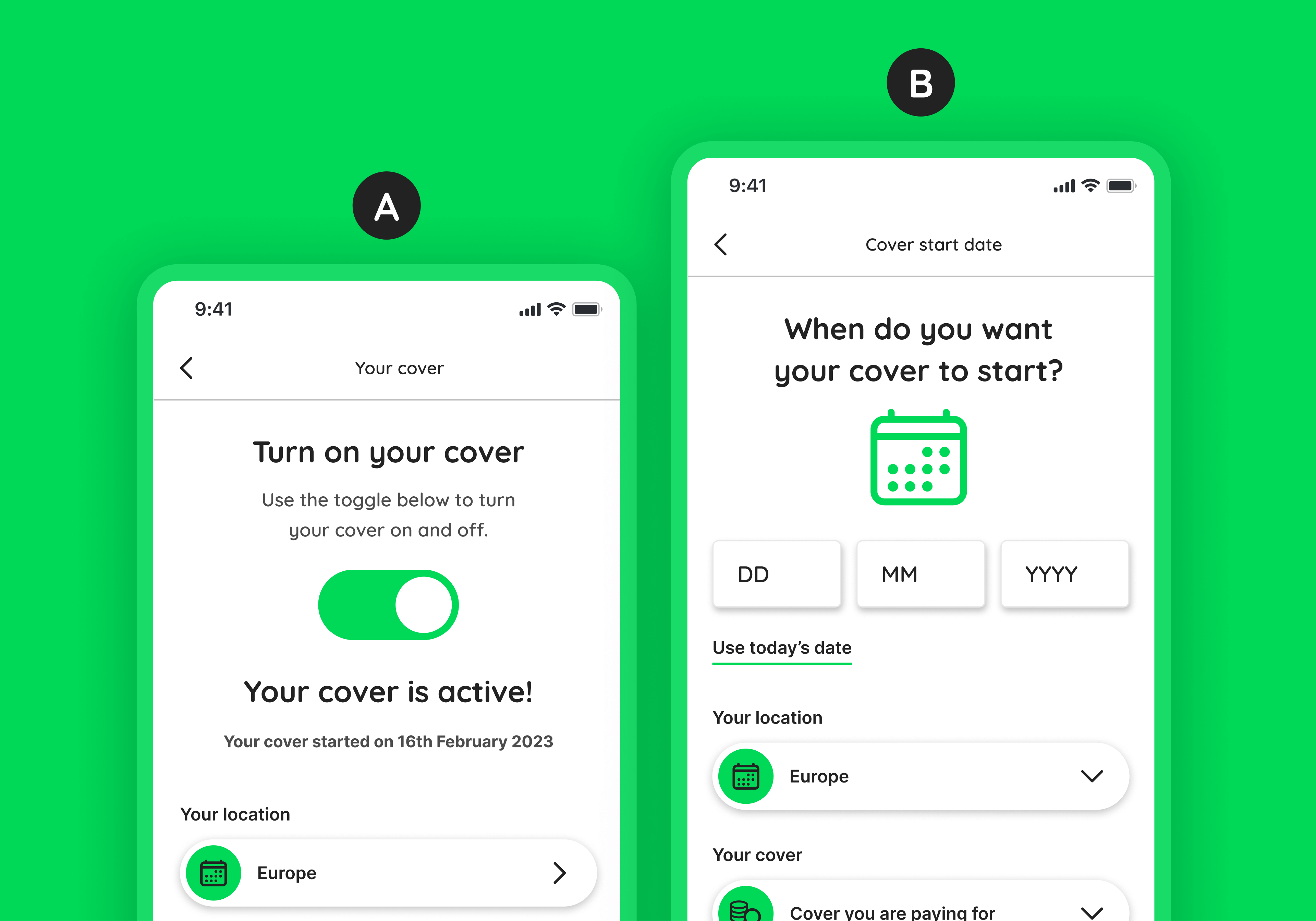 Two different variations of cover start date selectors to validate user performance