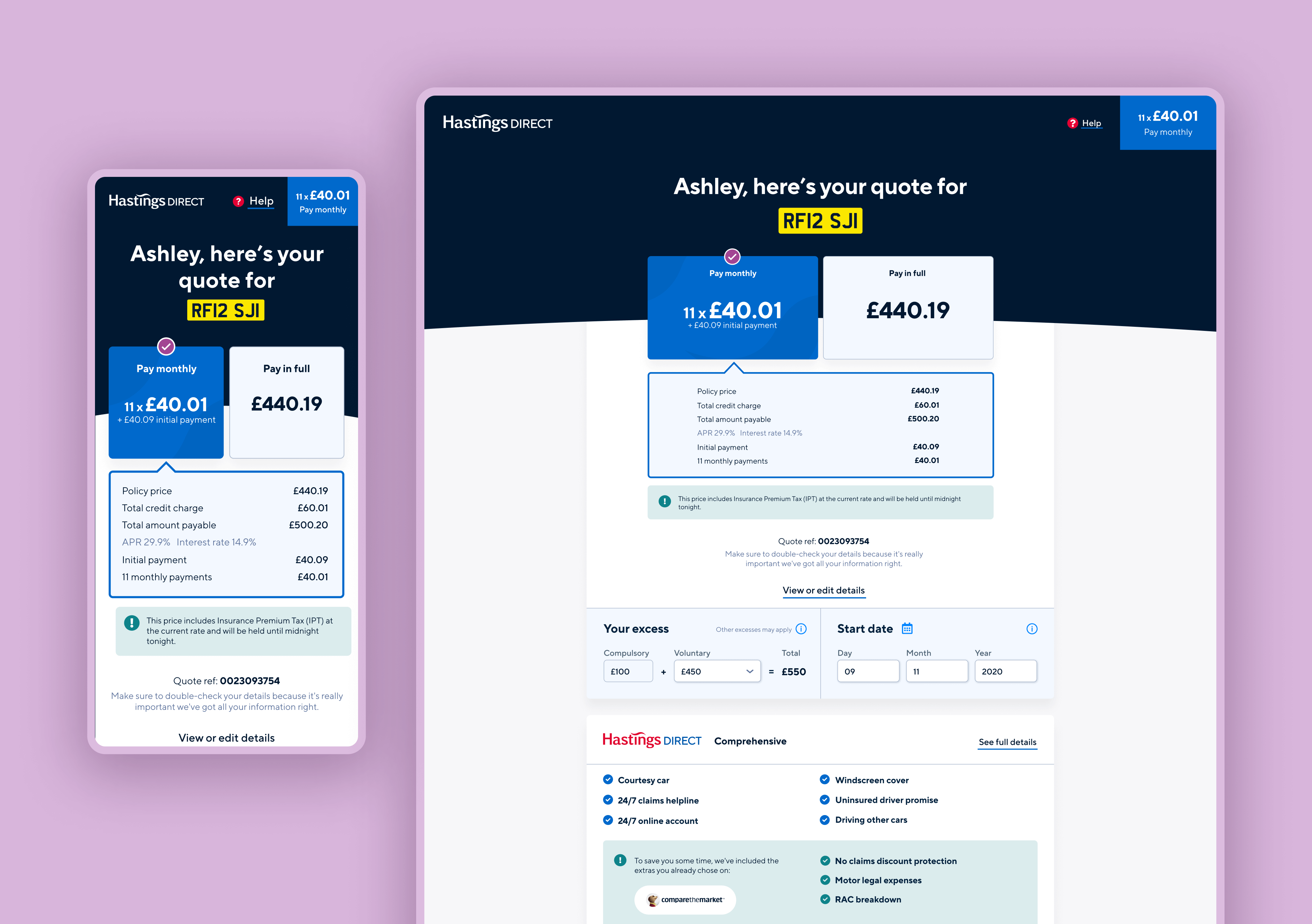 Desktop and mobile screen of the Hastings Direct end-quoting stage screen