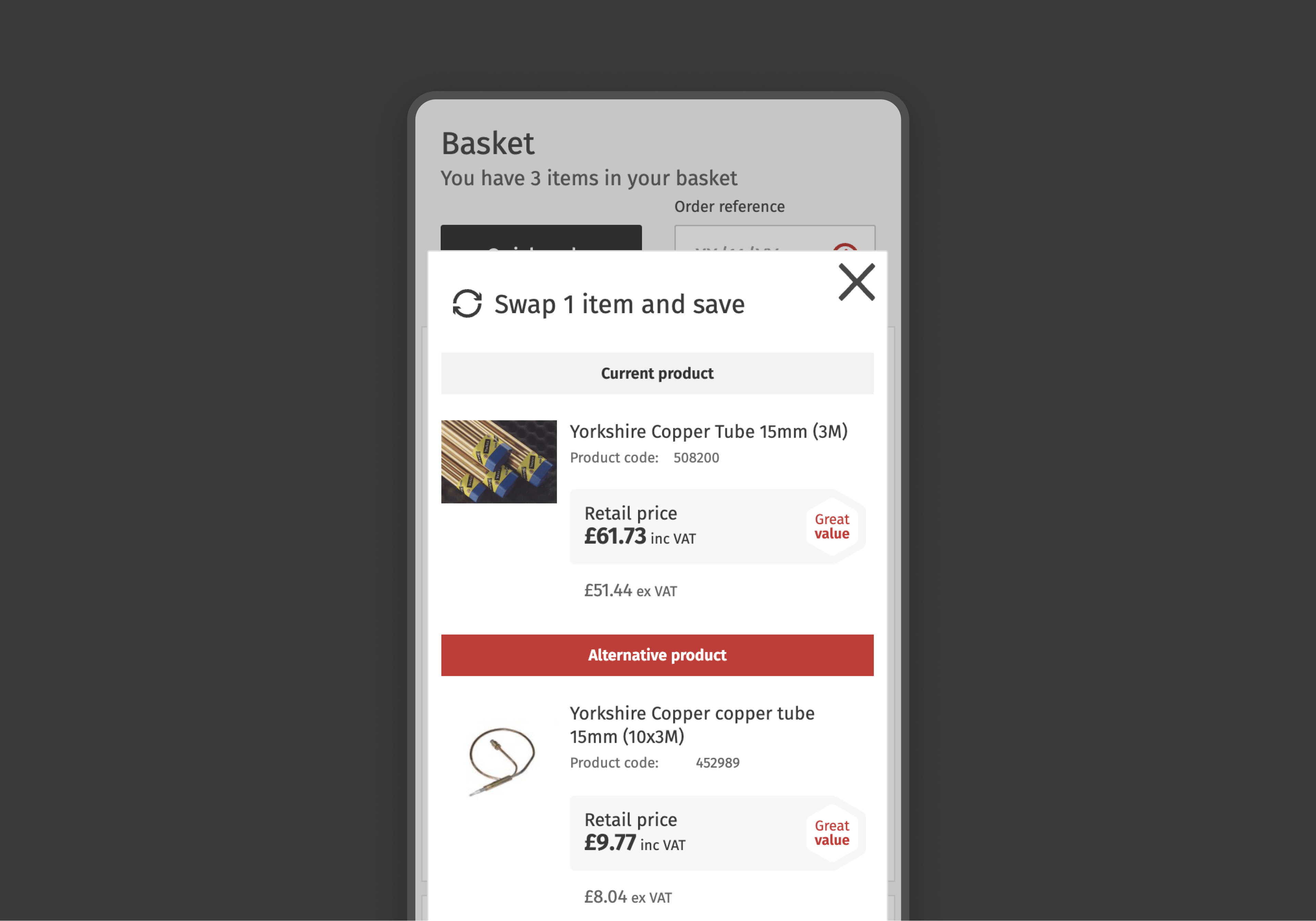 Mobile website 'swap & save' basket functionality