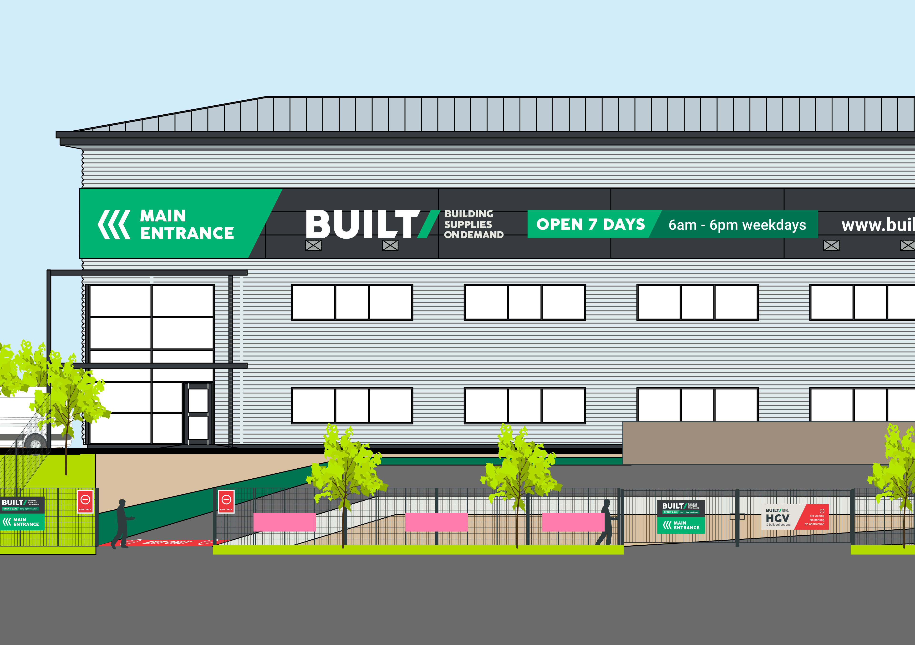 A digital illustration of a grey warehouse with green Built signage concepts along the top of the exterior.