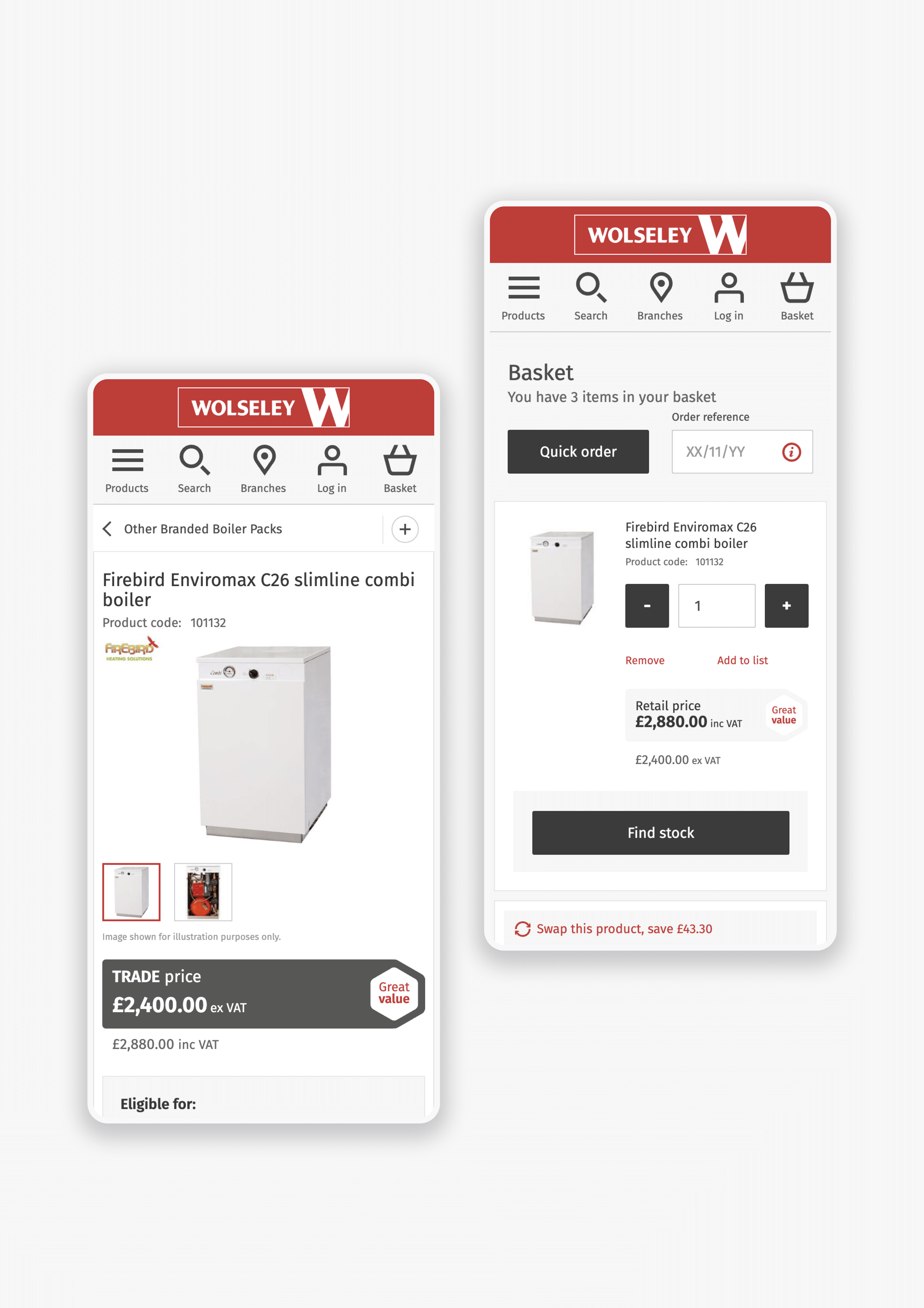 Mobile product display page (PDP) and basket page side-by-side