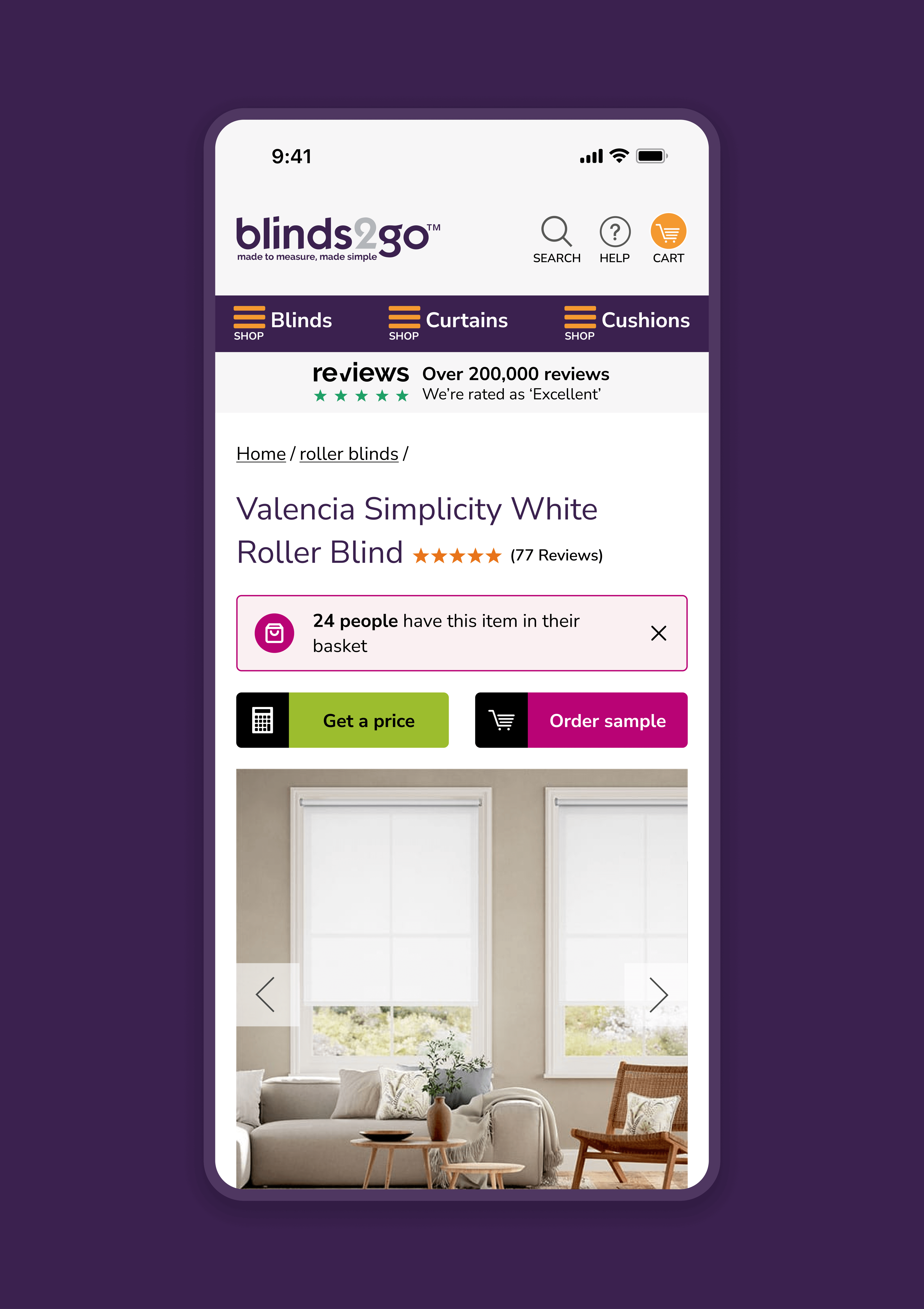 The Blinds2Go mobile product display page shows an urgency message to users