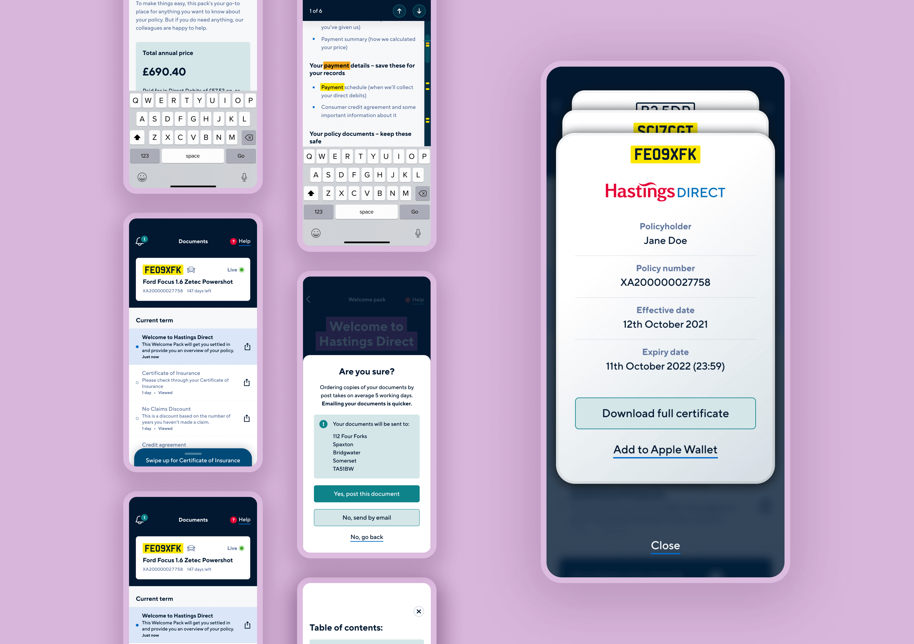 Hastings Direct mobile app screens design compact view of the documents sections