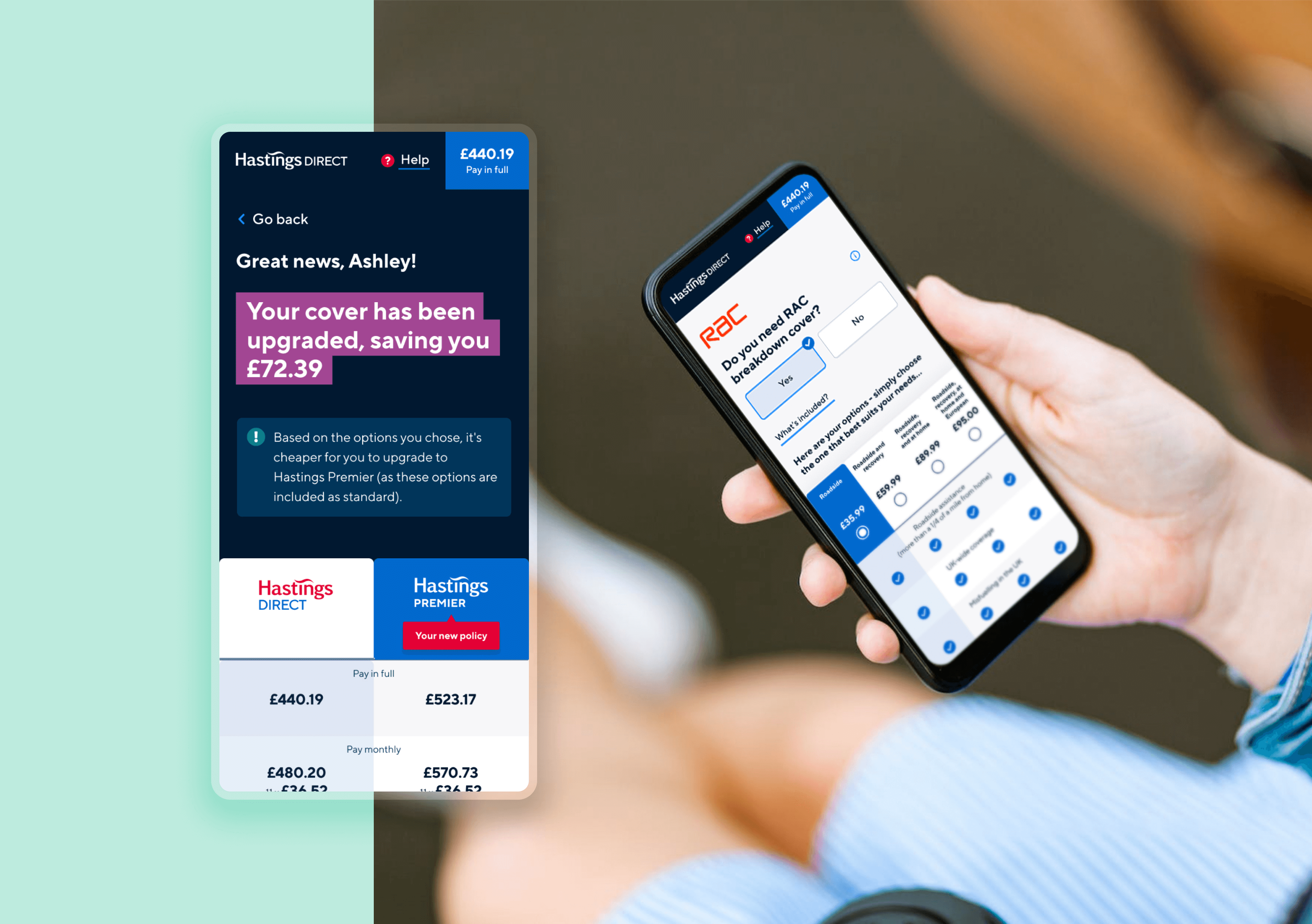 Visualisation of the mobile screens designed by Glue for the UK biggest digital insurer Hastings Direct