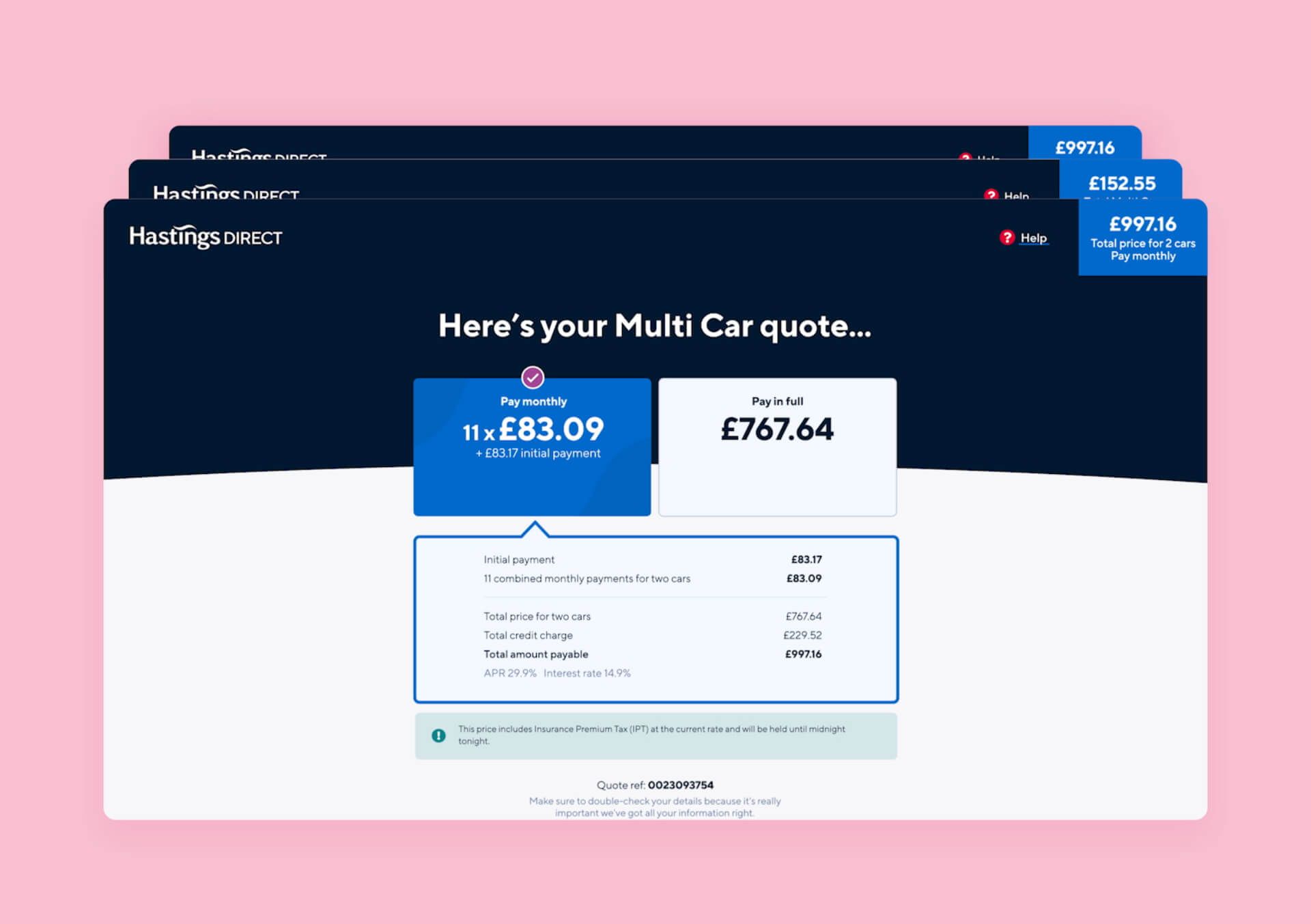 An image of a multicar quote screen on a pink background.