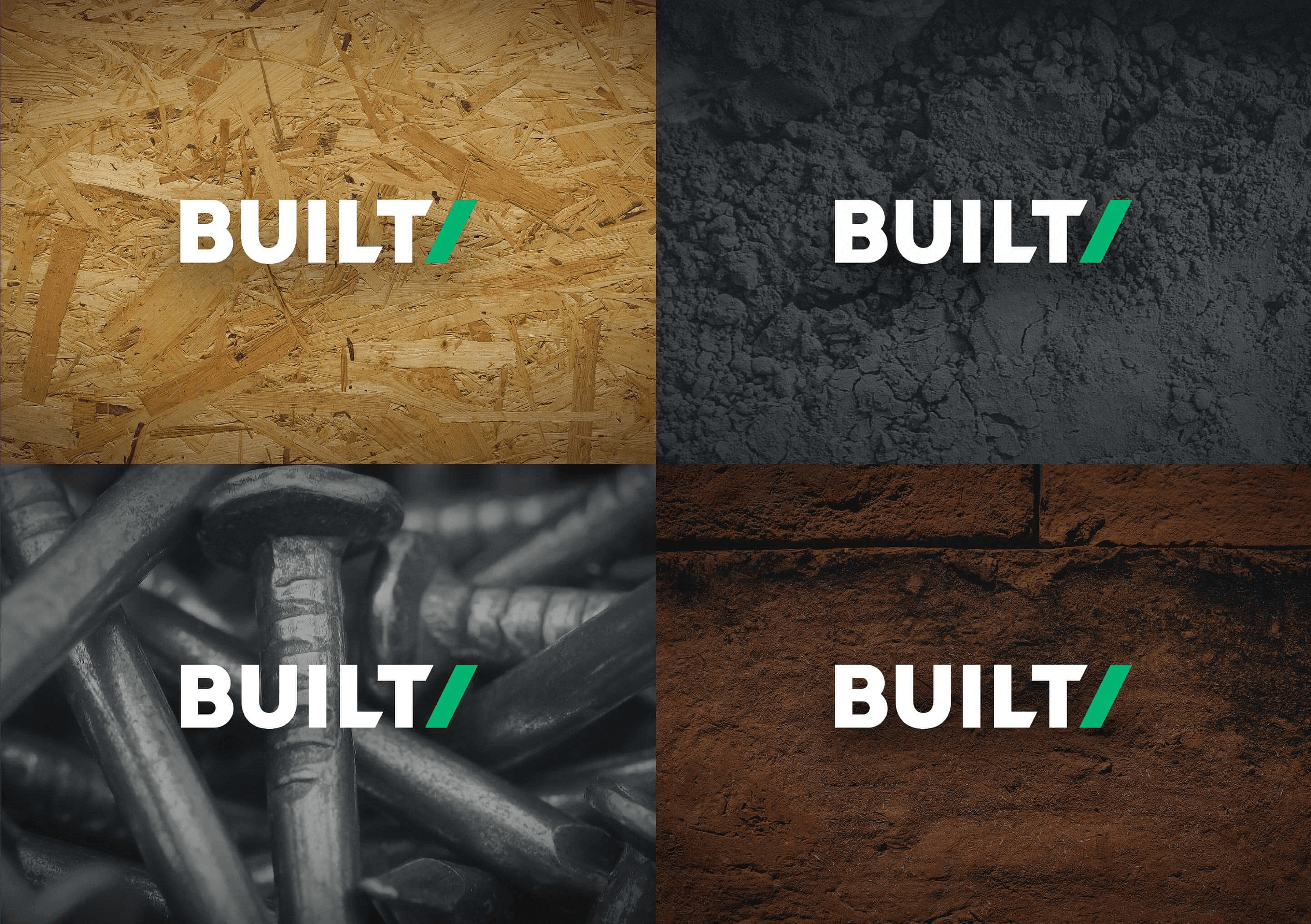 Four Built logos sitting on four different backgrounds each referring to a particular phase of construction