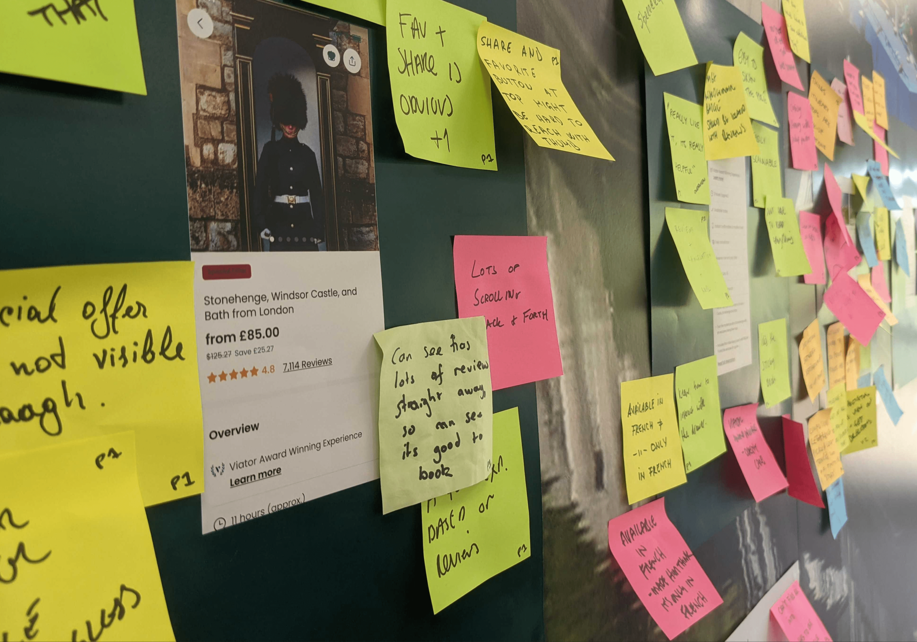 Picture of an in-person workshop post-it wall done by Glue Designers with the  category leading brand Viator during the Multi-site experiment piece of work