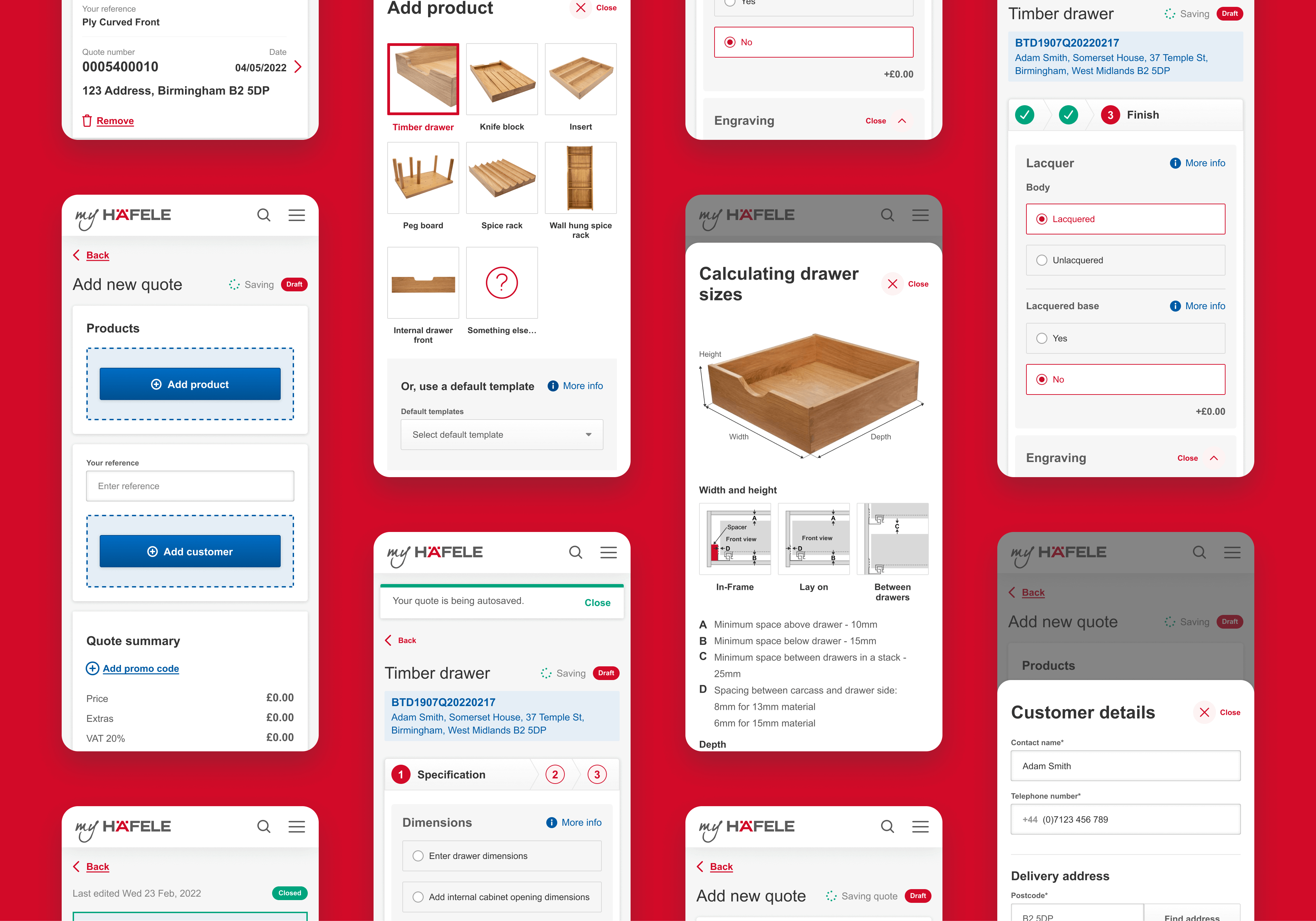 A compact view of multiple mobile screen design for the Hafele UK Product order flow