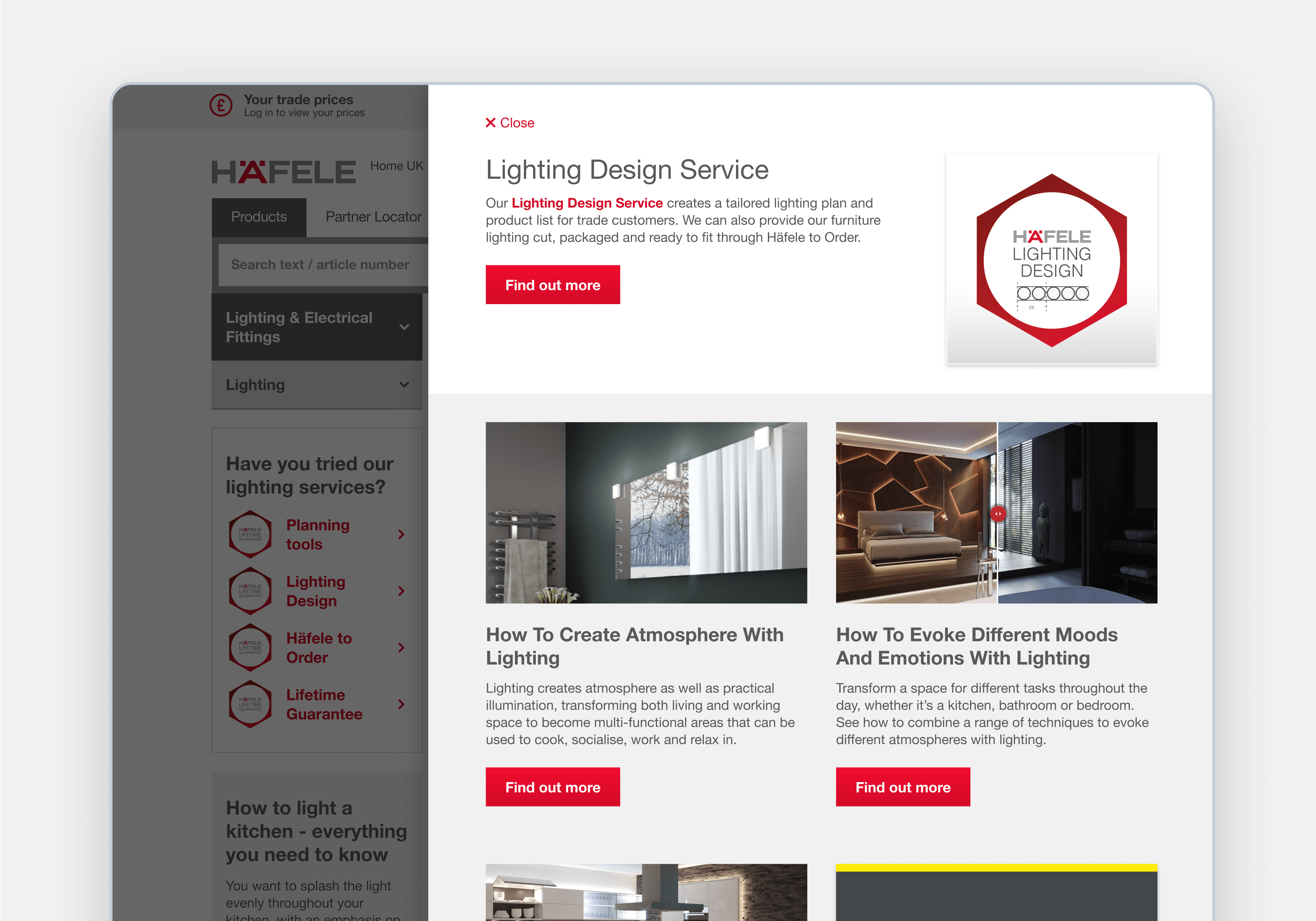 A lighting design services content modal experiment for Häfele UK desktop website
