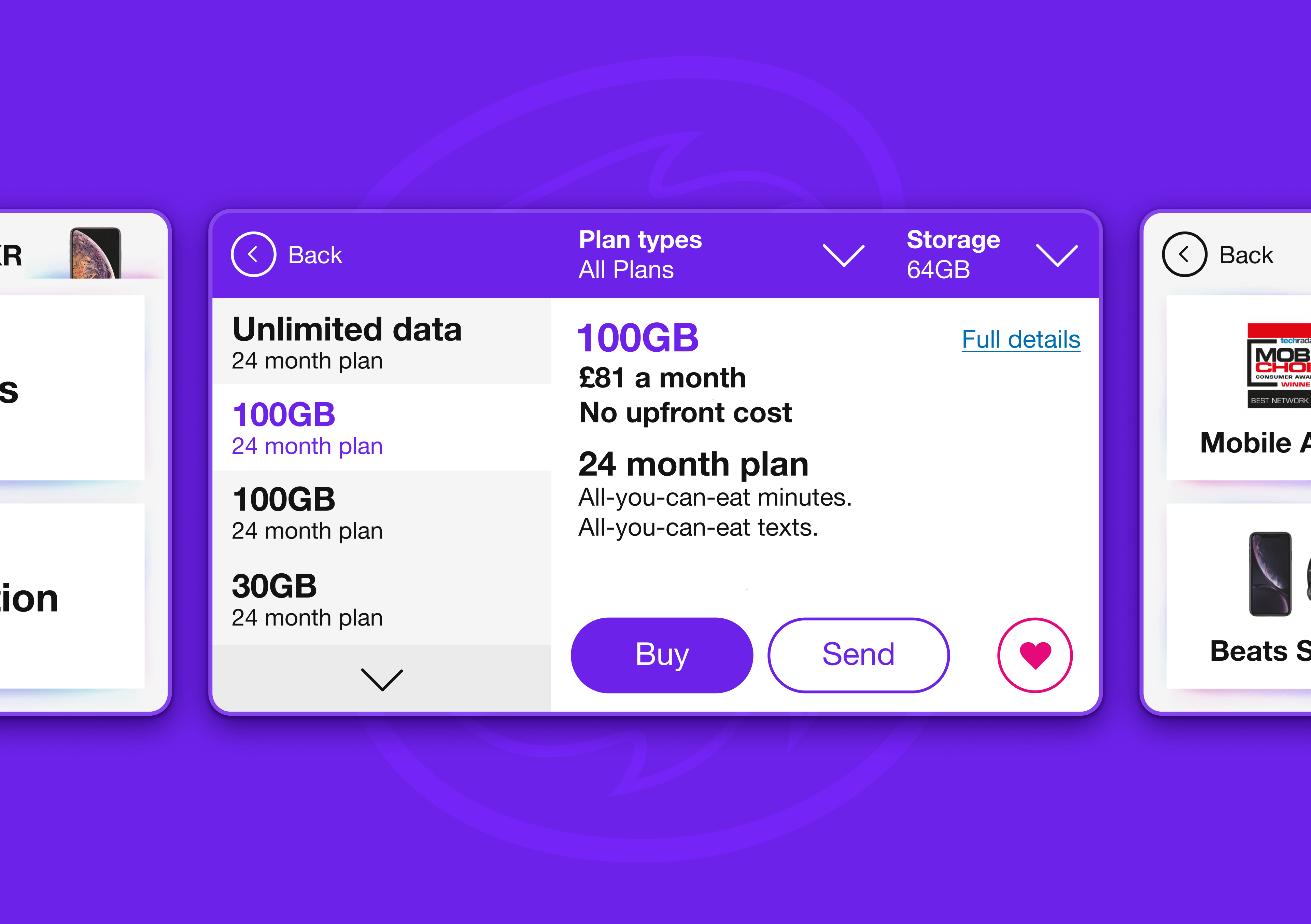 The monthly plan types screen design for Three's digital ticketing system