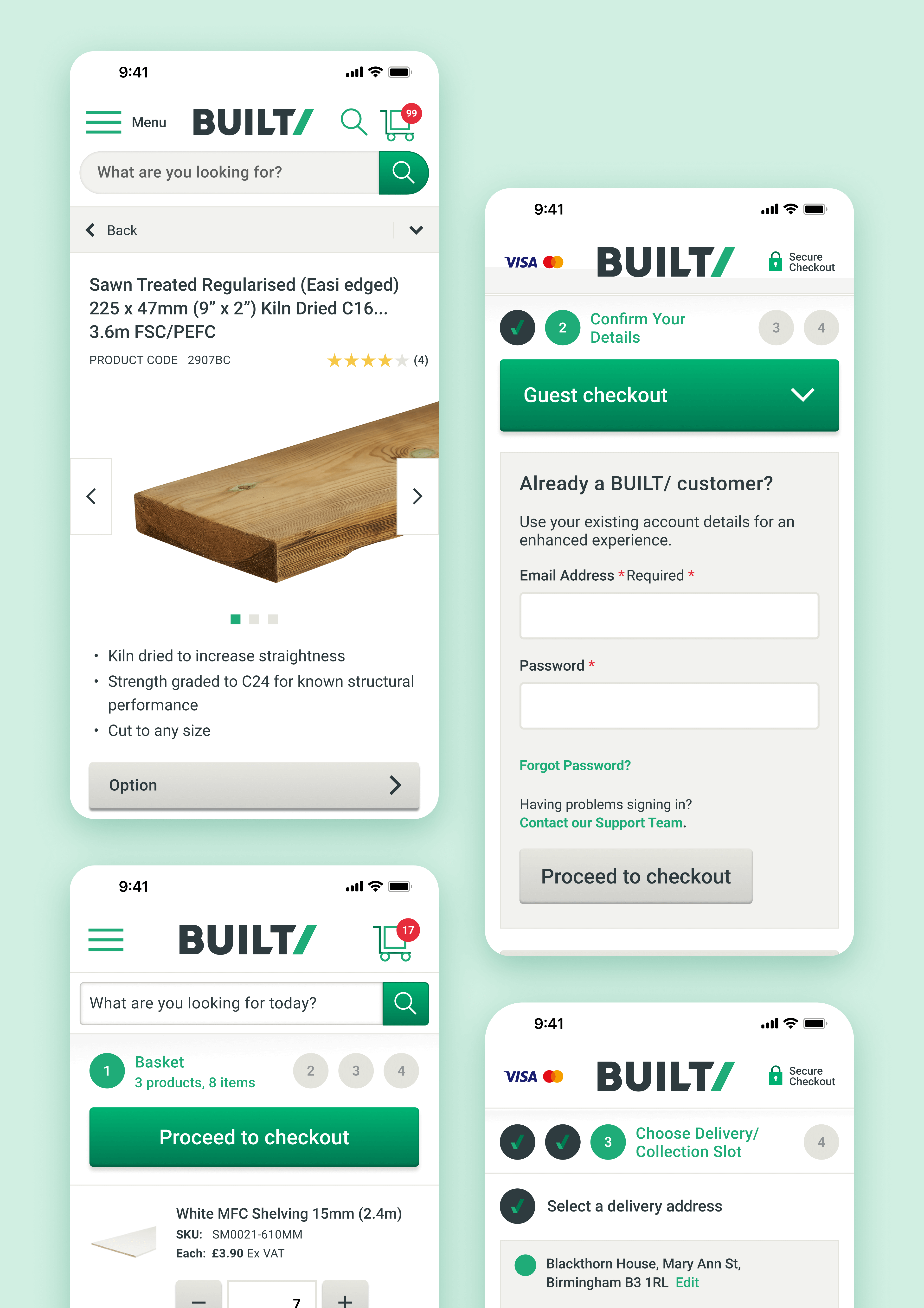 Built builders merchant product purchase mobile app screens visualisation