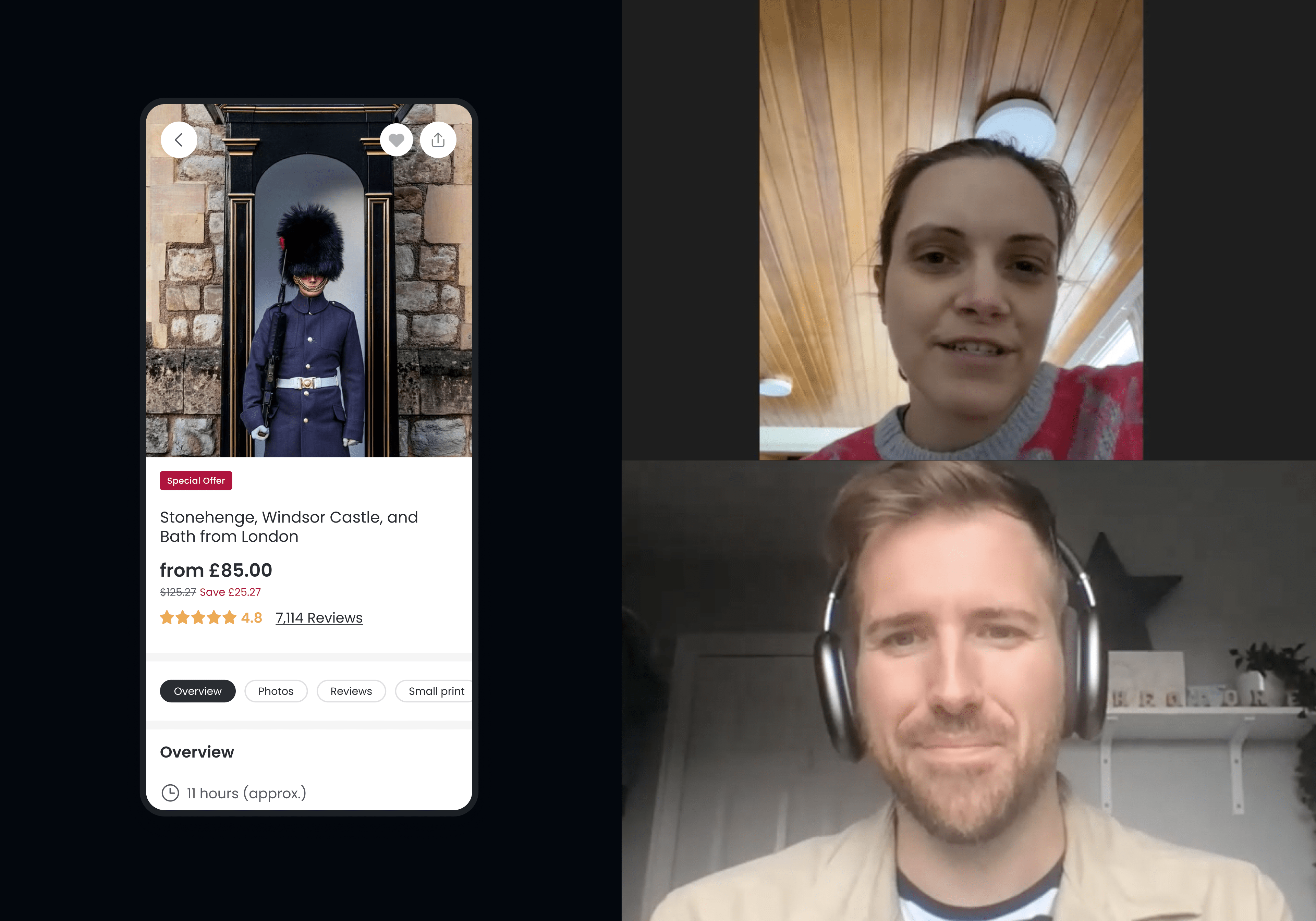 Visualisation of a live video-based user interview between a Glue designer and a potential Viator client to gather feedback on the multi-site experiment design