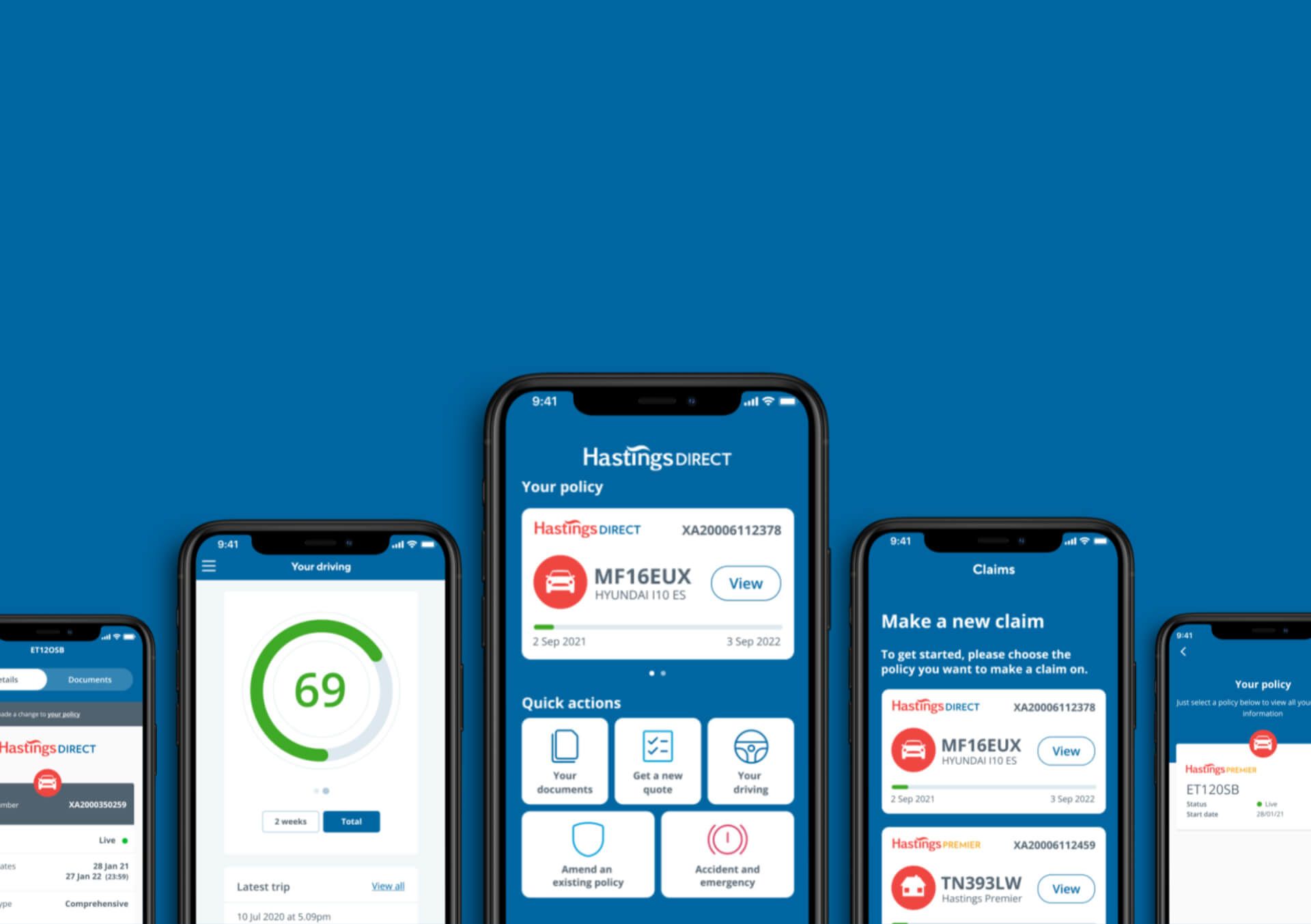 An image with 5 mobile phones on. Each showing a different screen of the app.