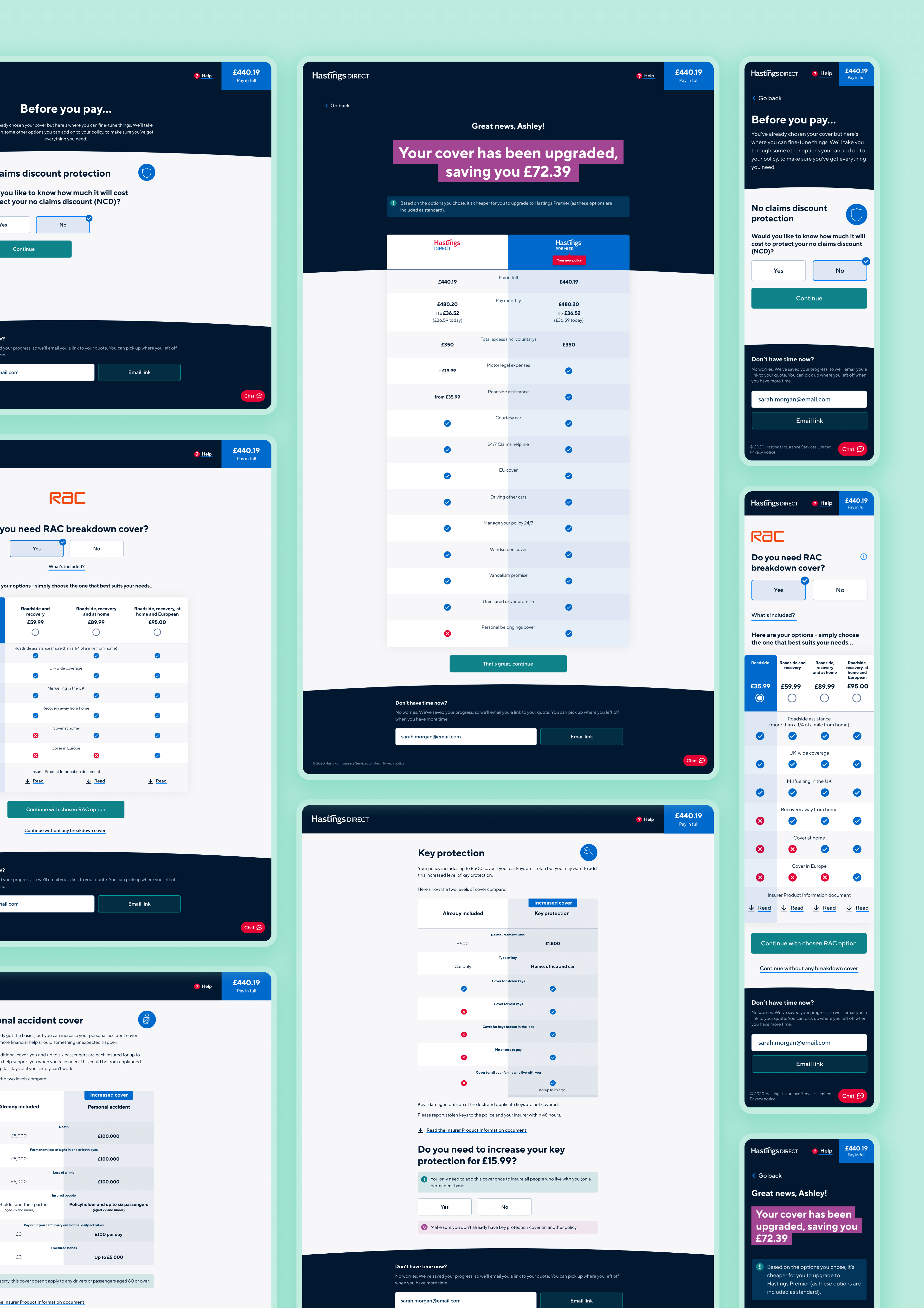 A compact view of the various desktop and mobile screens of the Hastings Direct customer acquisition journey