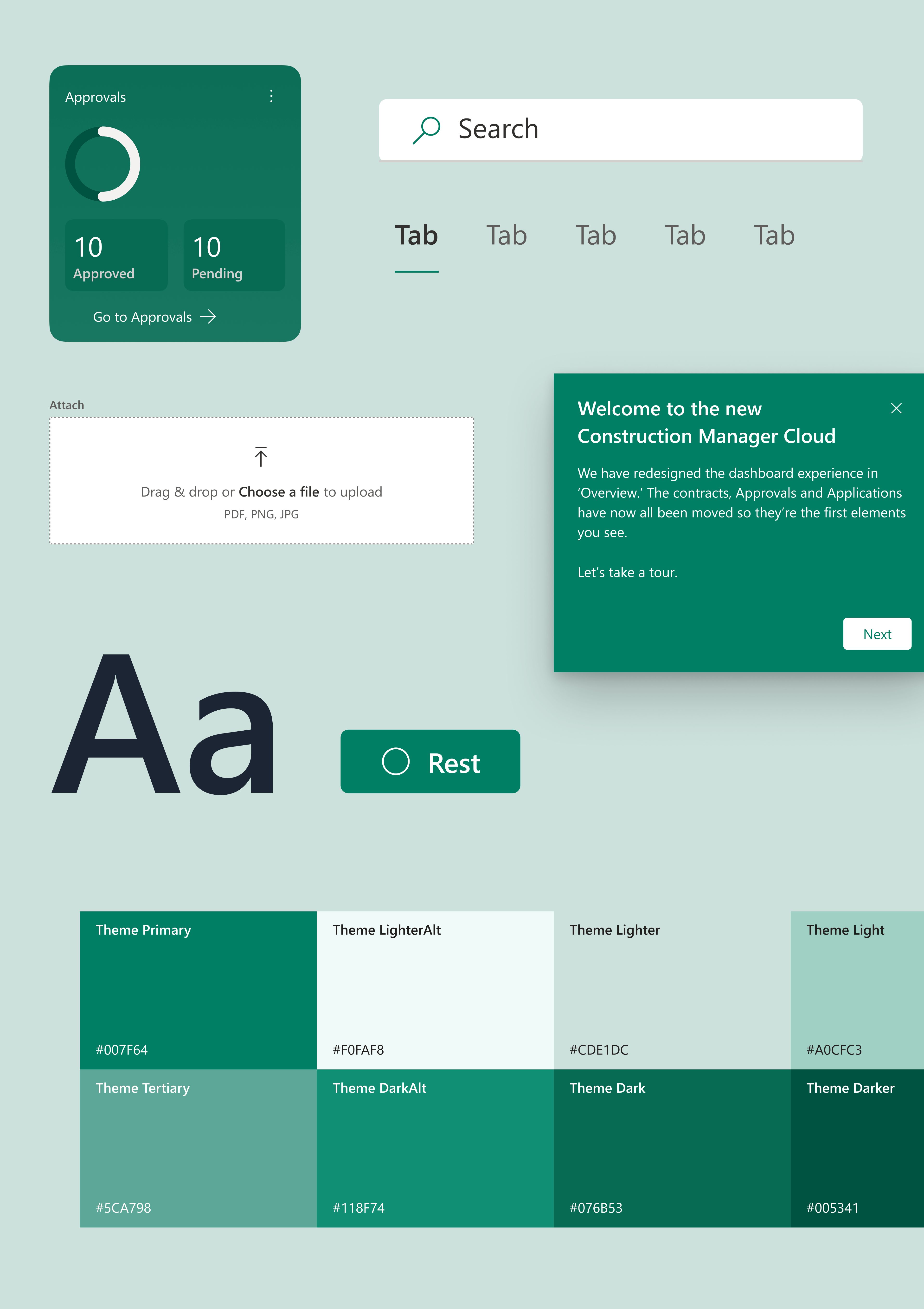 Visualisation of some key design components and guidelines designed by Glue for the Construction manager platform provided by Eque2 named Construction Cloud
