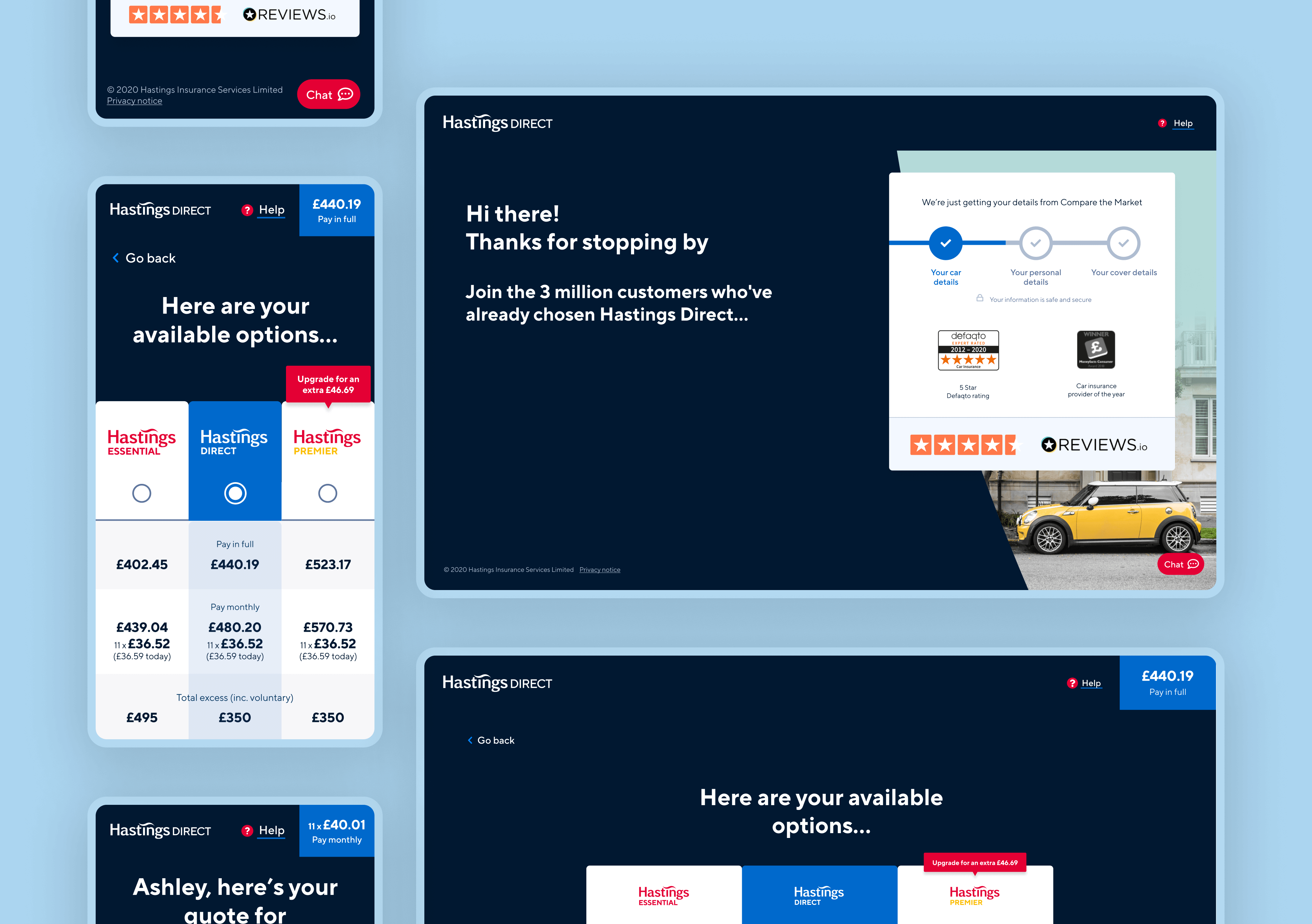 Hastings Direct mobile and desktop screens compact view of prices comparison