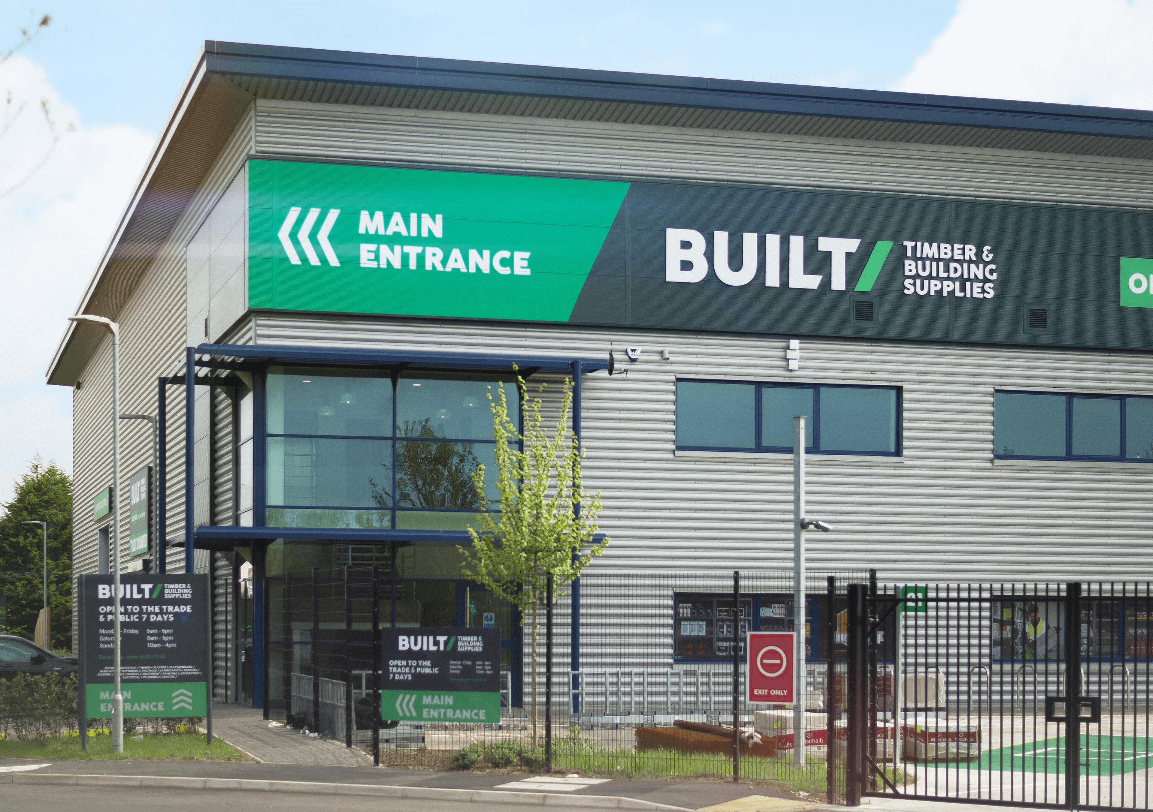 A warehouse main entrance photo of the Built builders merchant