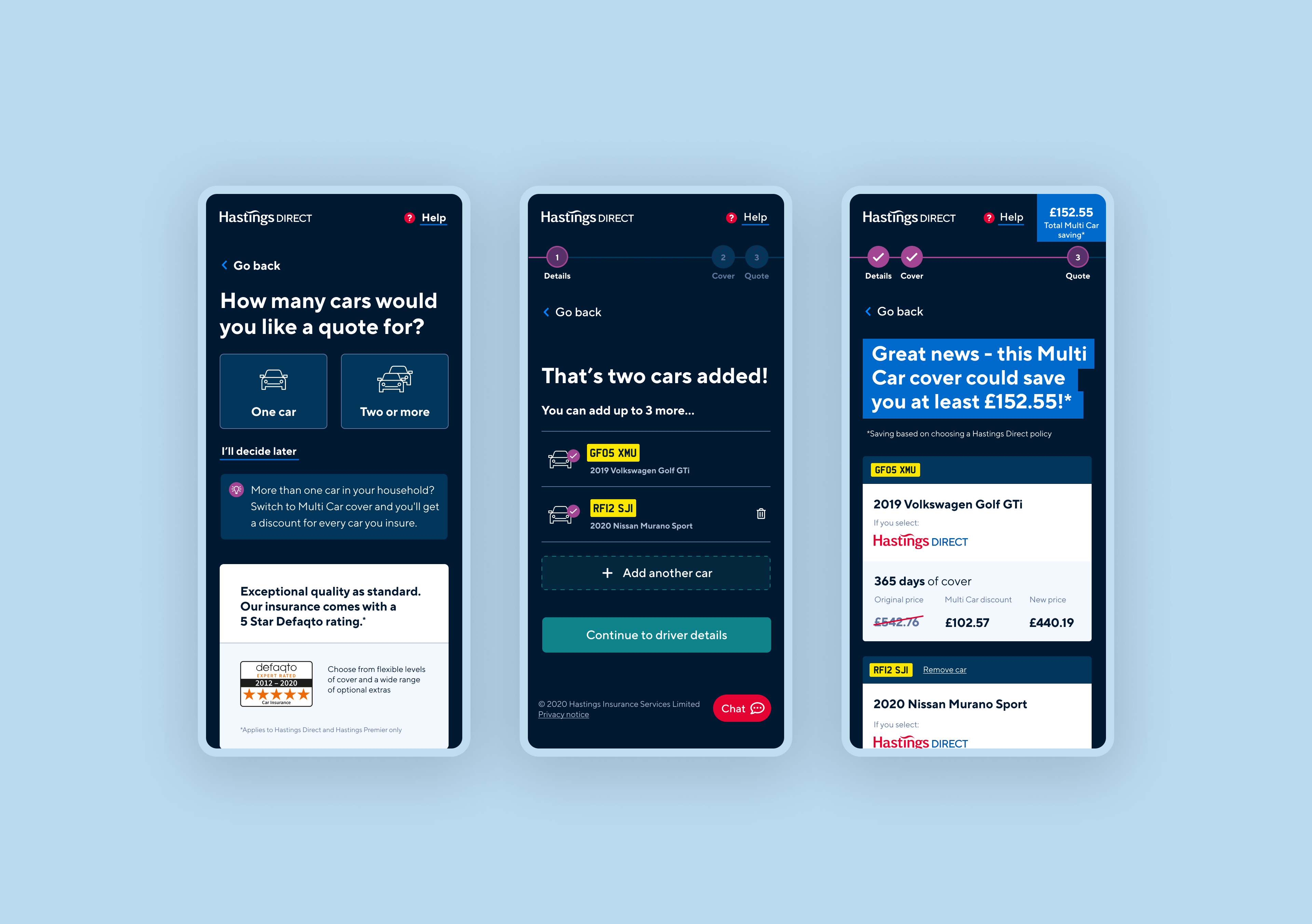 An image with three phones showing the screens involved with adding a car