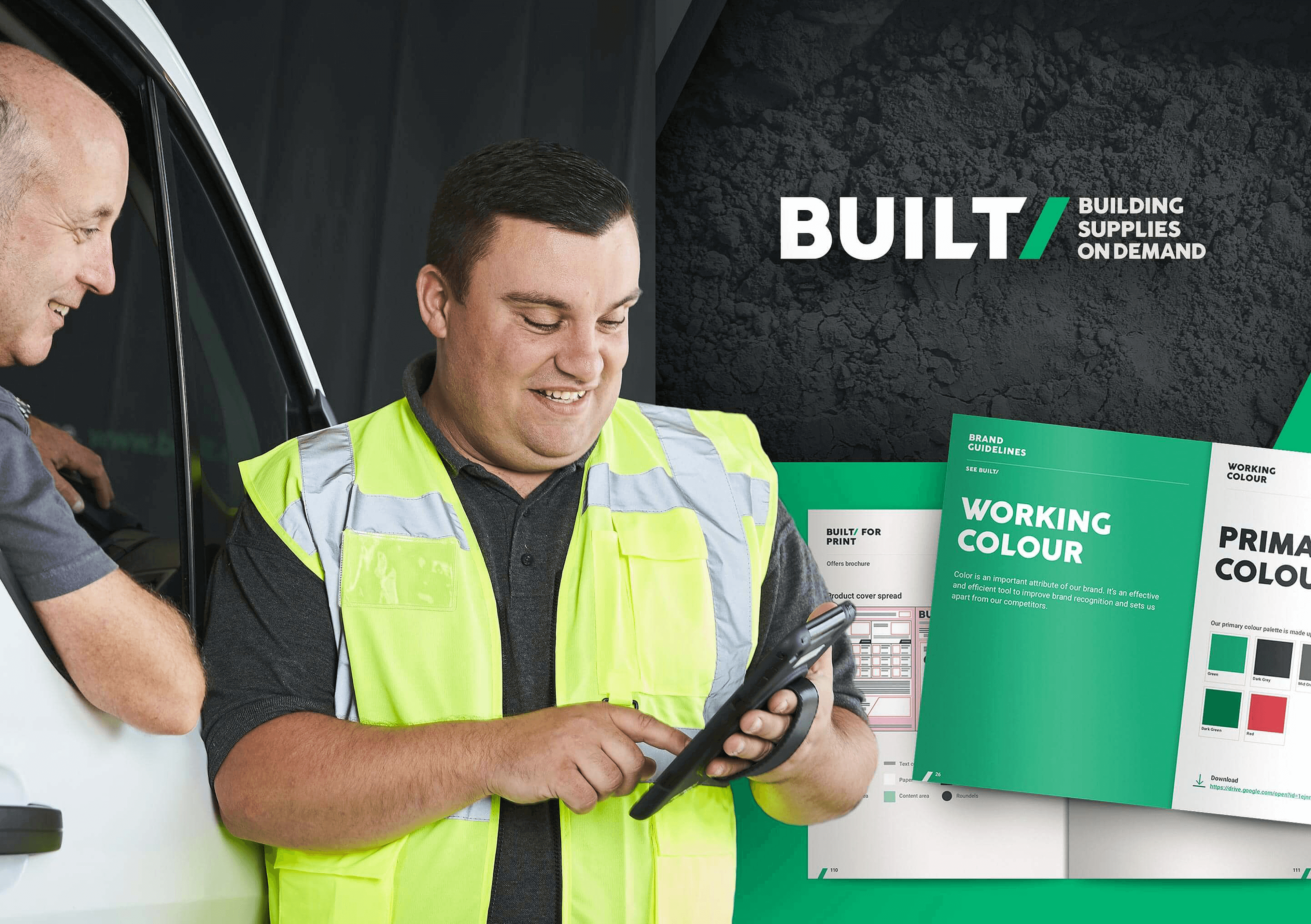 Built builders merchant expert advising a customer driving a van, on top of a background showcasing the brand design guidelines