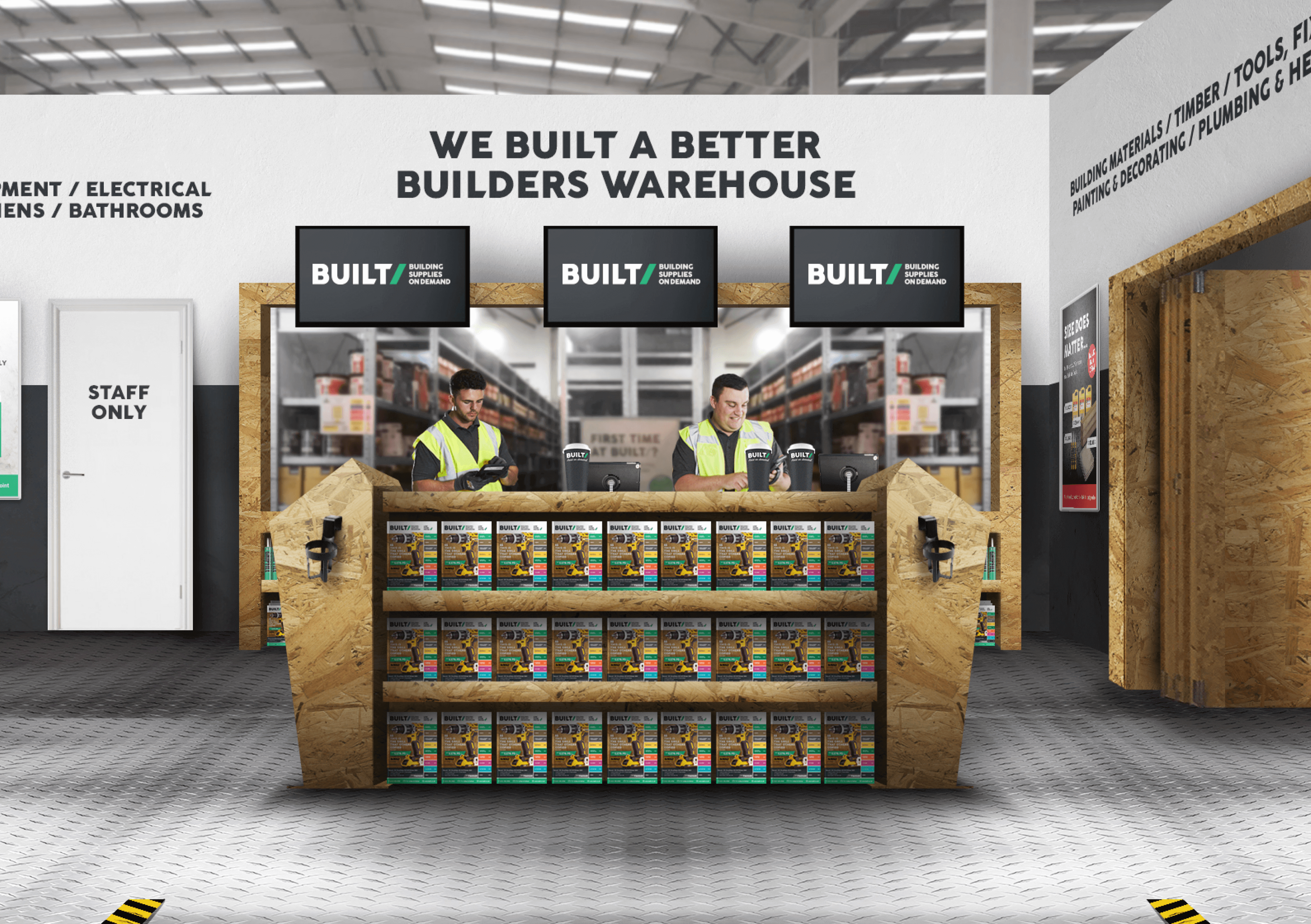 Small store visualisation for a Built builders merchant showing employees standing behind a catalogue showcase counter