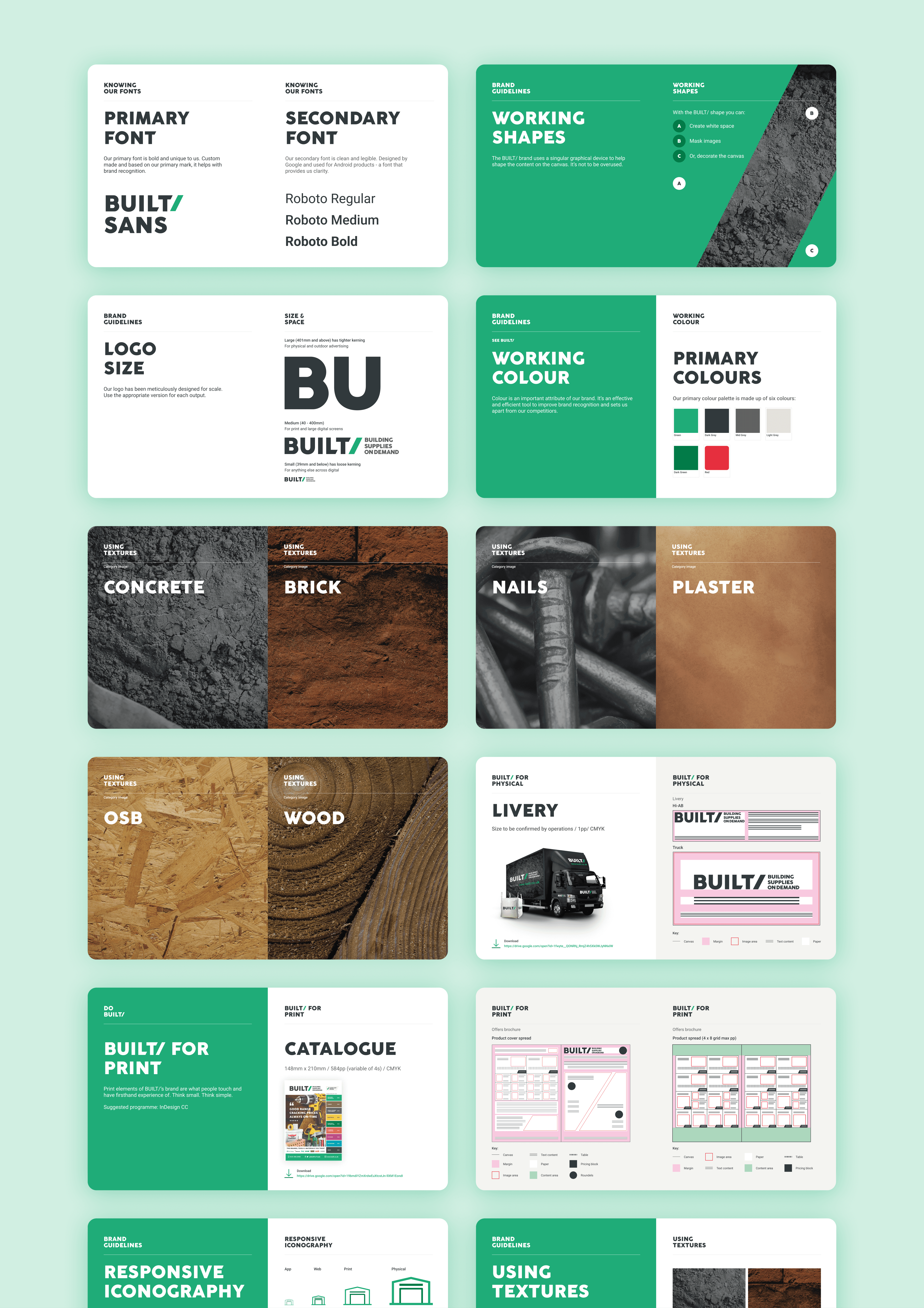 Twelve floating cards showcasing the brand style guidelines overview visualisation of the Built builder merchant