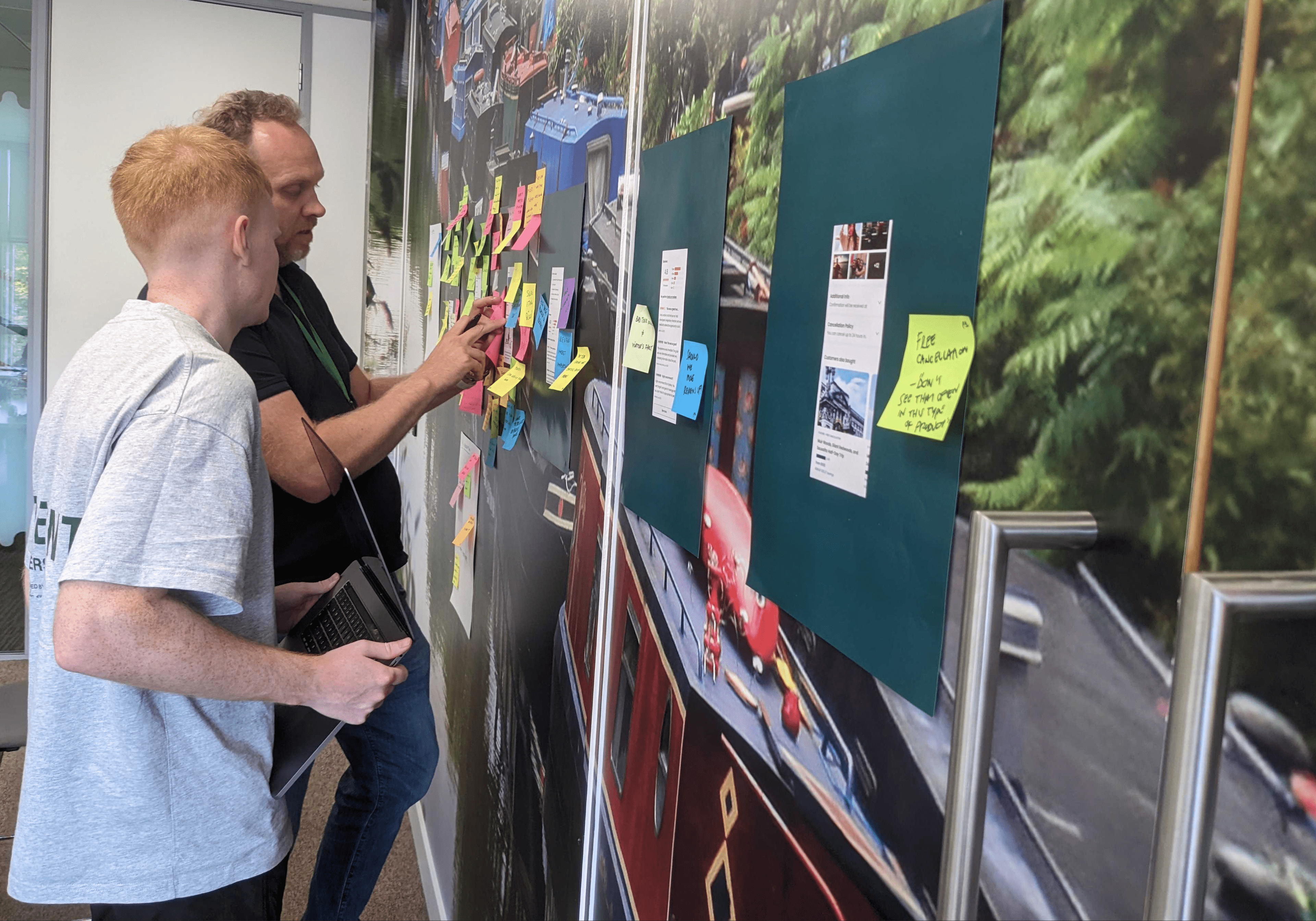 Picture of Glue Designer collaborating around a post-it wall workshop with Viator, the category leading brand, on a multi site experiment design work