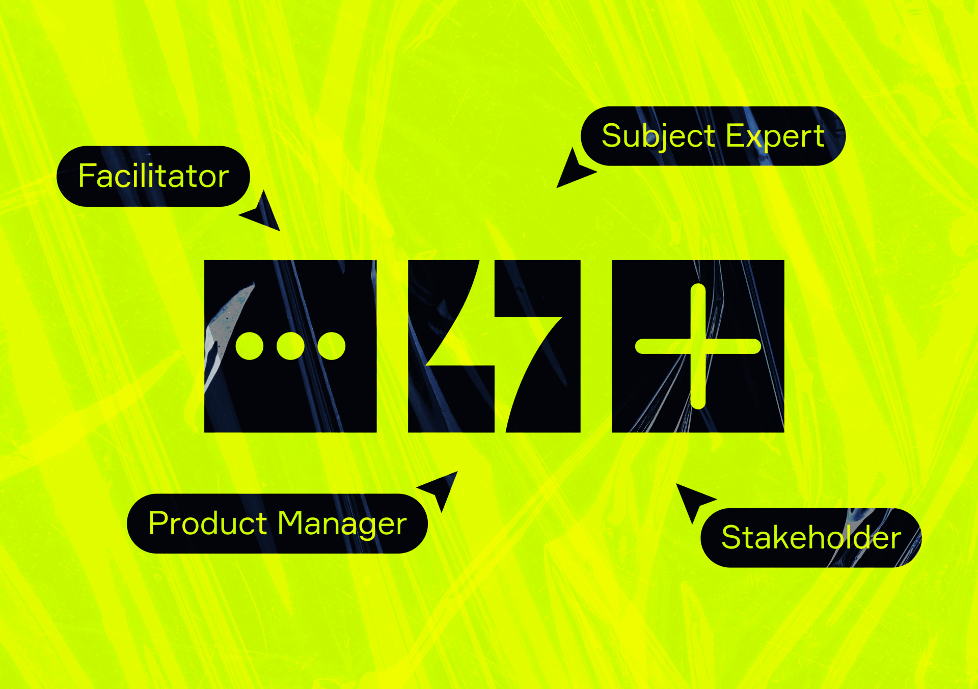 Visual representation of the Glue Workshop called How to build the perfect workshop. Several blacks icons and collaboration cursors from different key players in projects are shown on a green coloured background