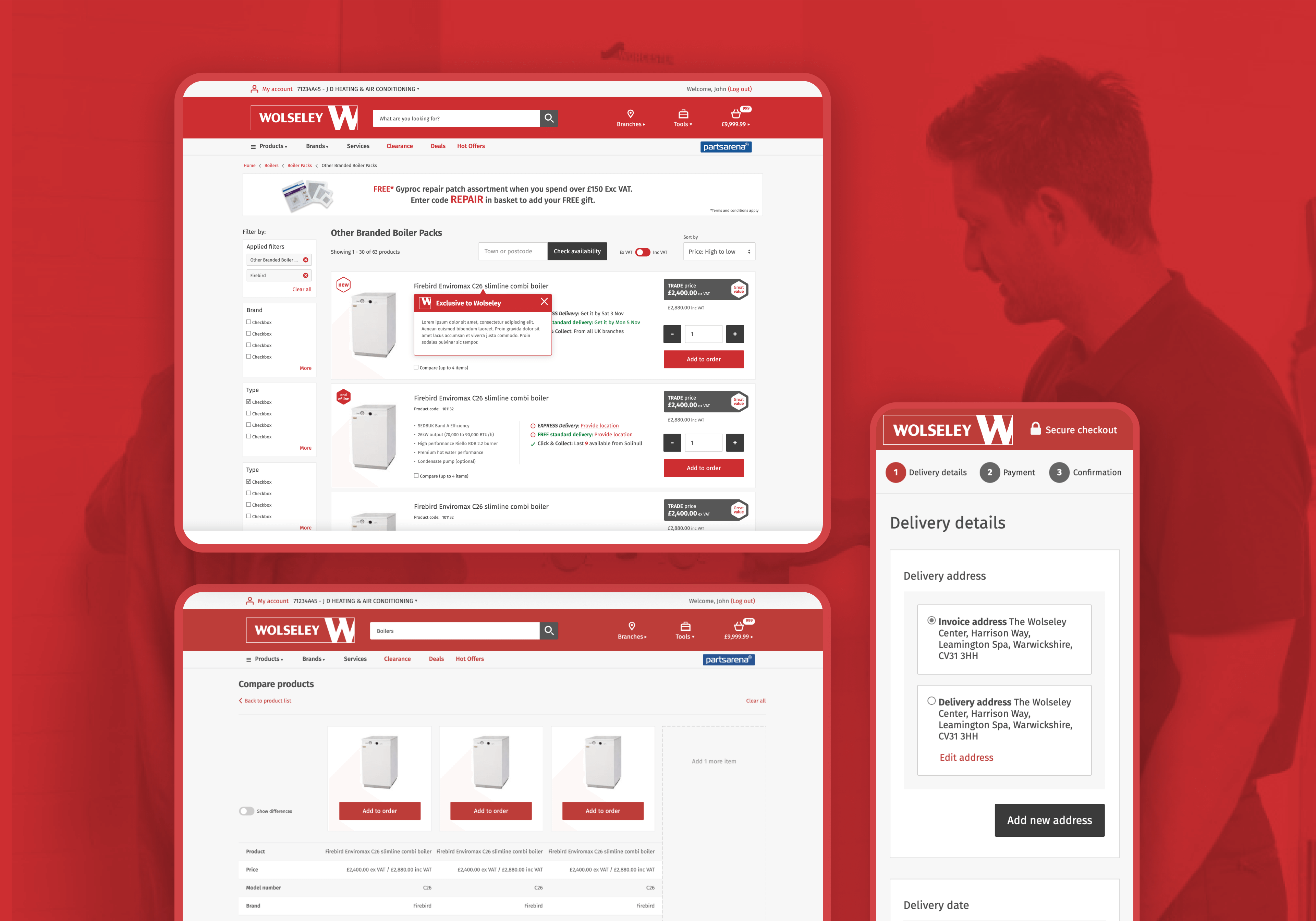 A collection of desktop and mobile screen designs for Wolseley