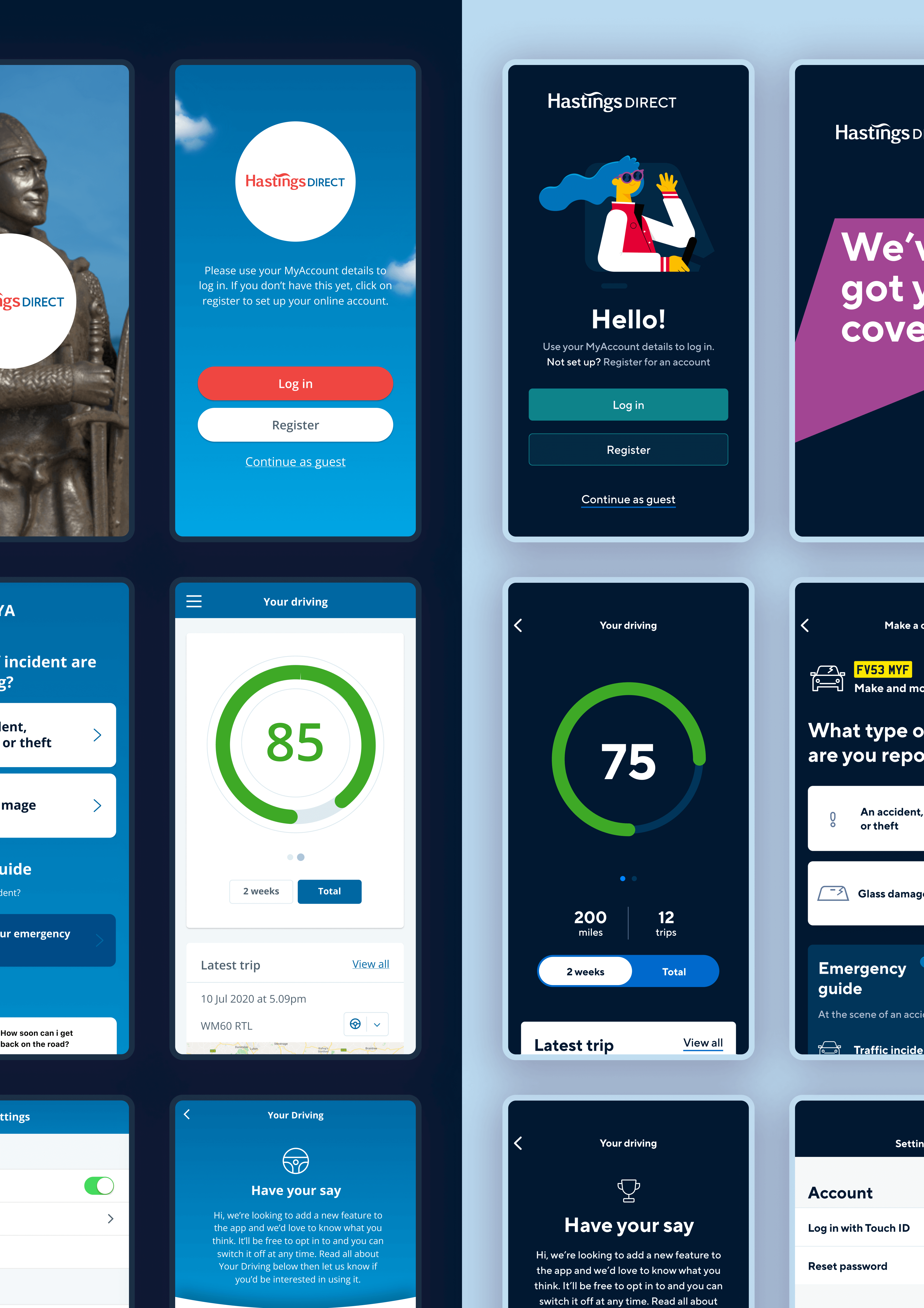 Hastings Direct compact mobile screen designs split view of the before and after rebranding look