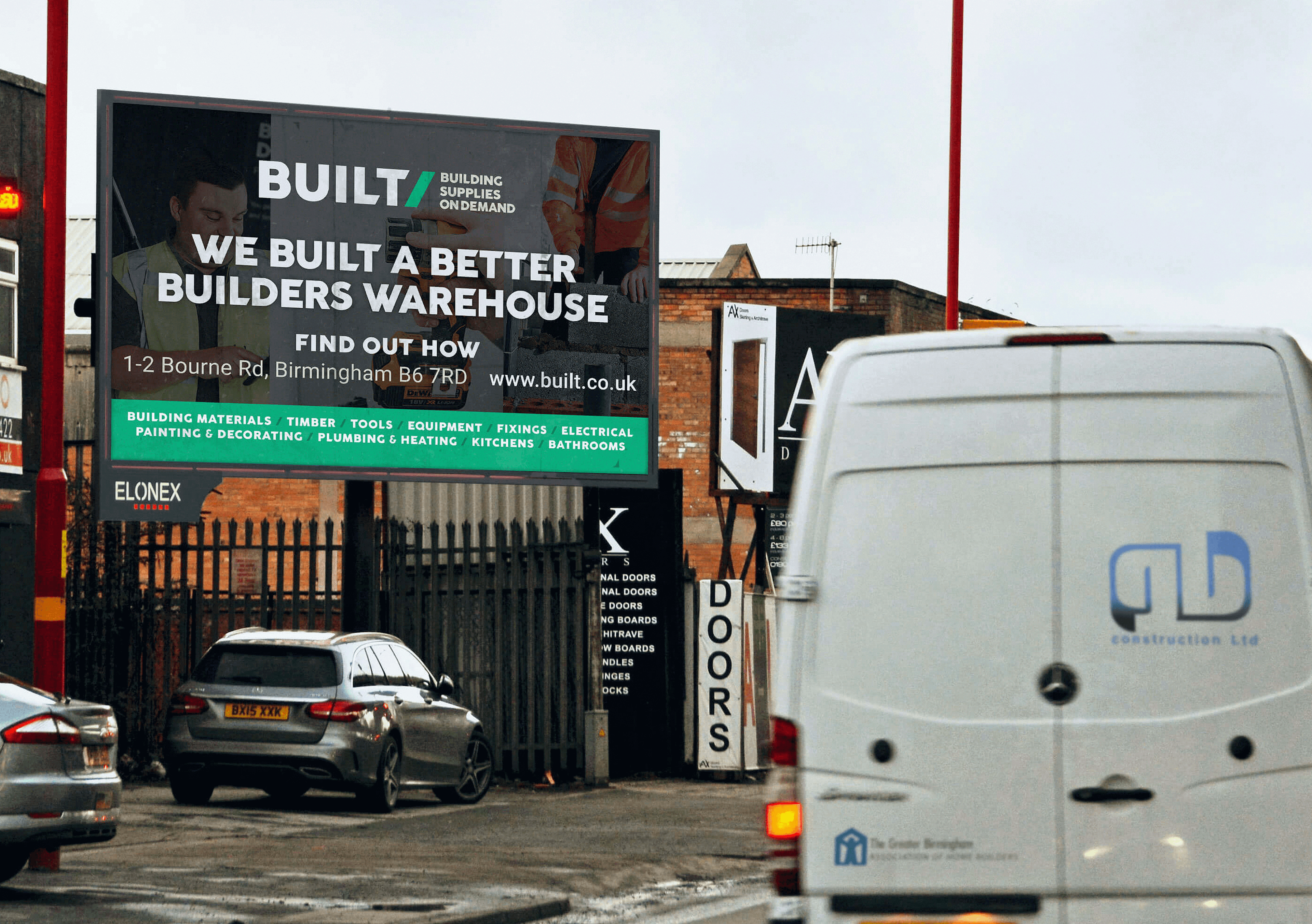 Outdoor street-level billboard visualisation of a Built builders merchant showcasing the following slogan 'We built a better builders warehouse'
