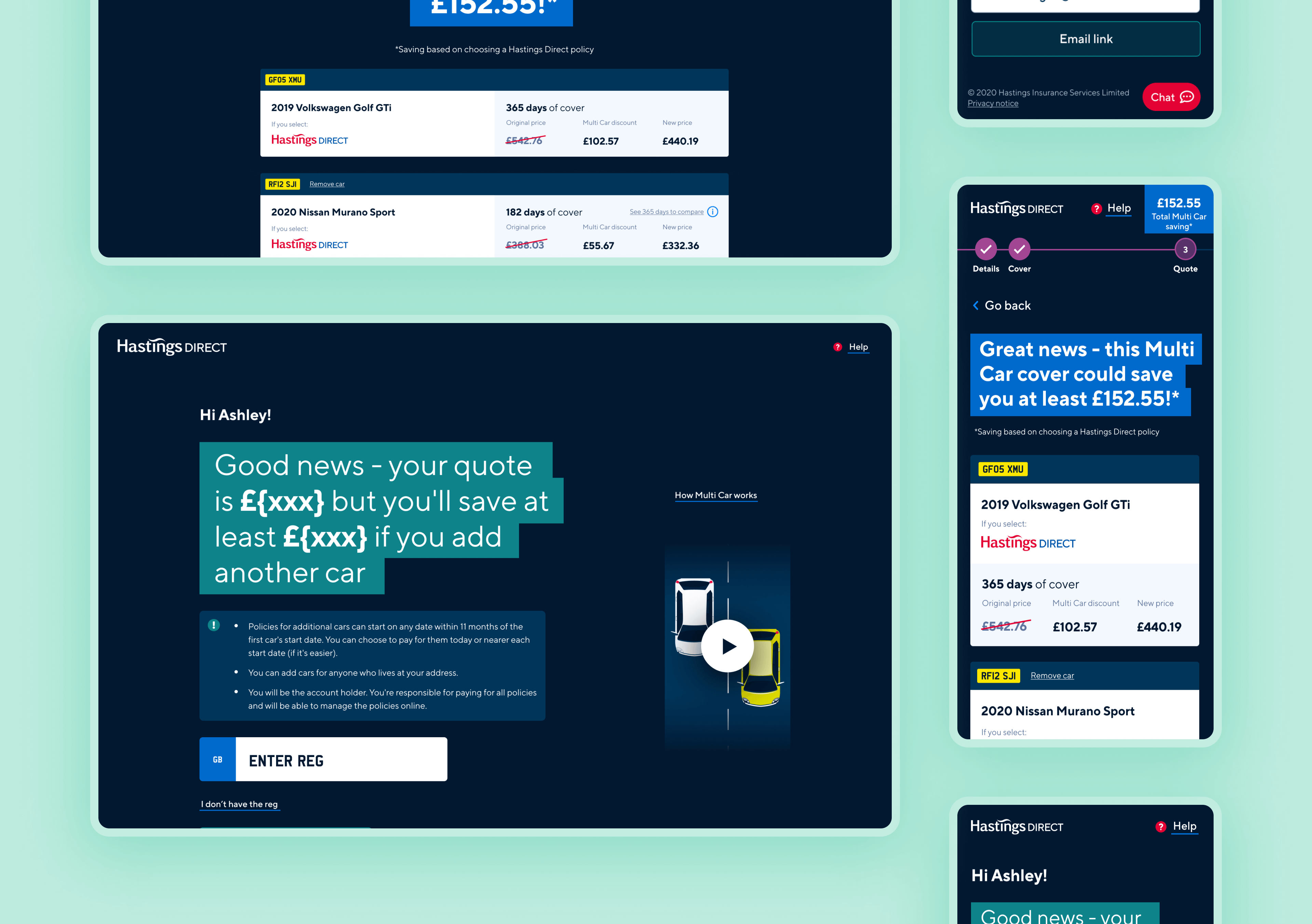 An image with 2 desktop screens and 3 mobile screens showing multi car discounts