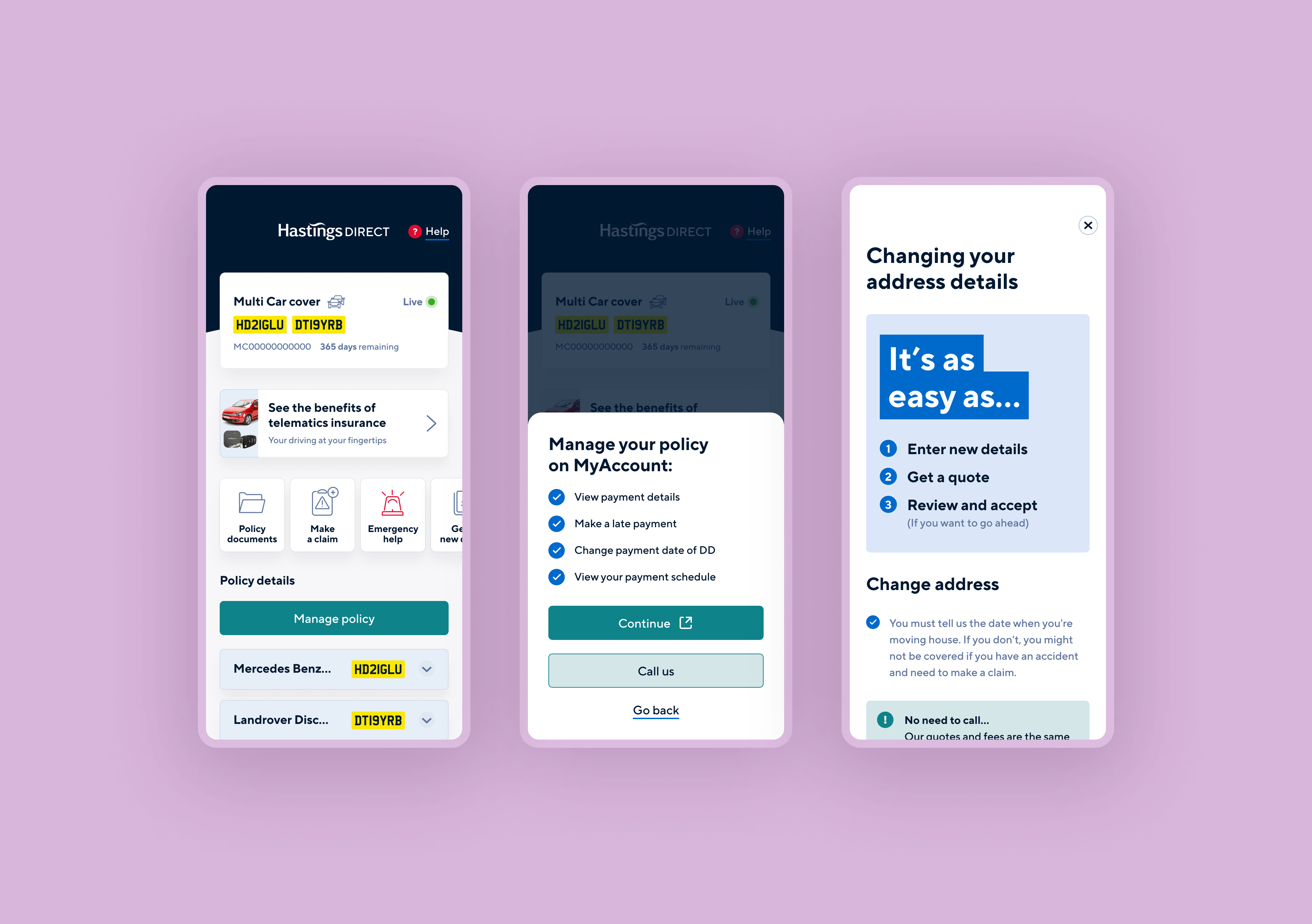 An image showing three mobile phones showing the sequence of screens to change address