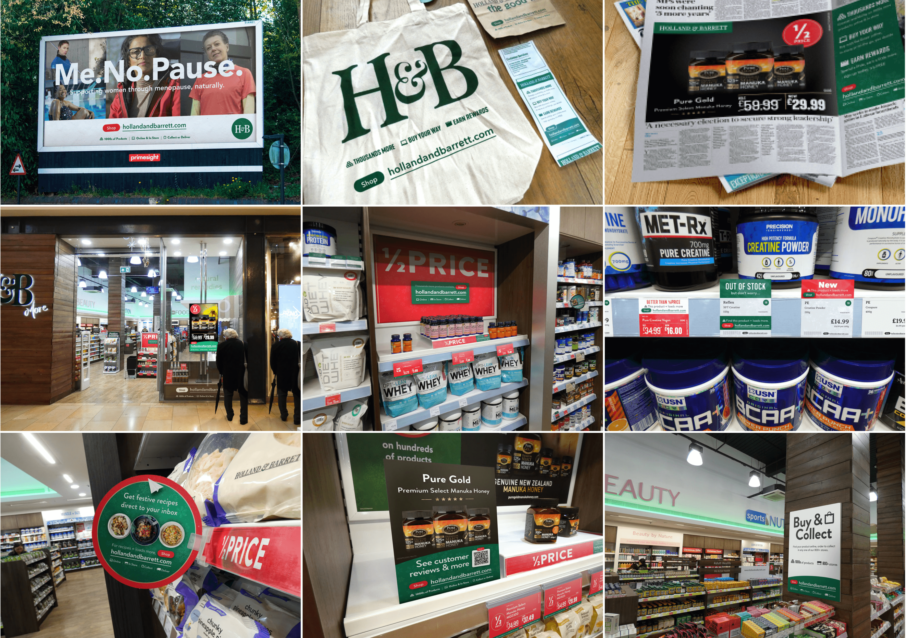 A series of nine images showing the Holland and Barrett branding in the store