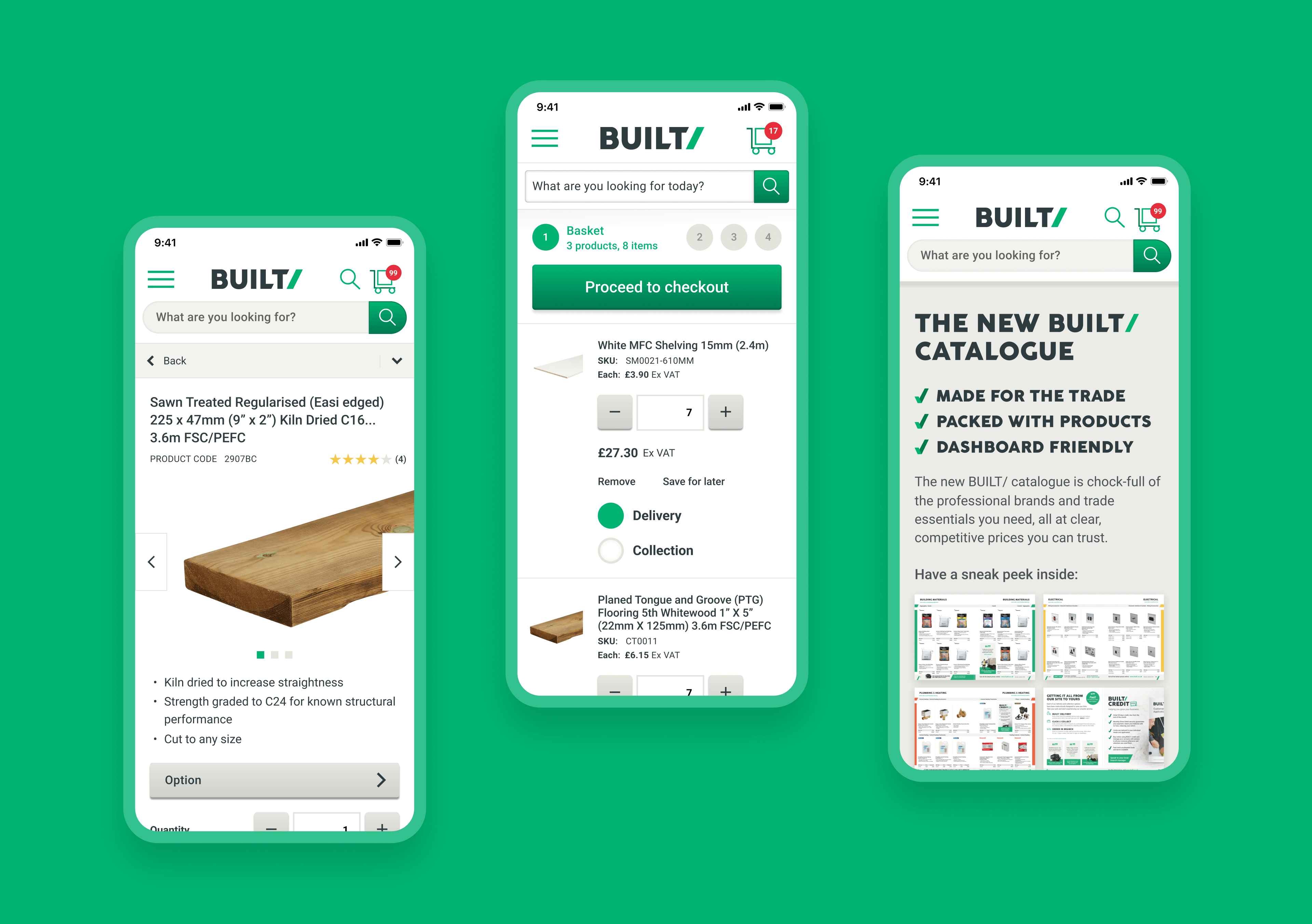 An image with a green background and three phones showing a Built PDP, basket page and a catalogue page.