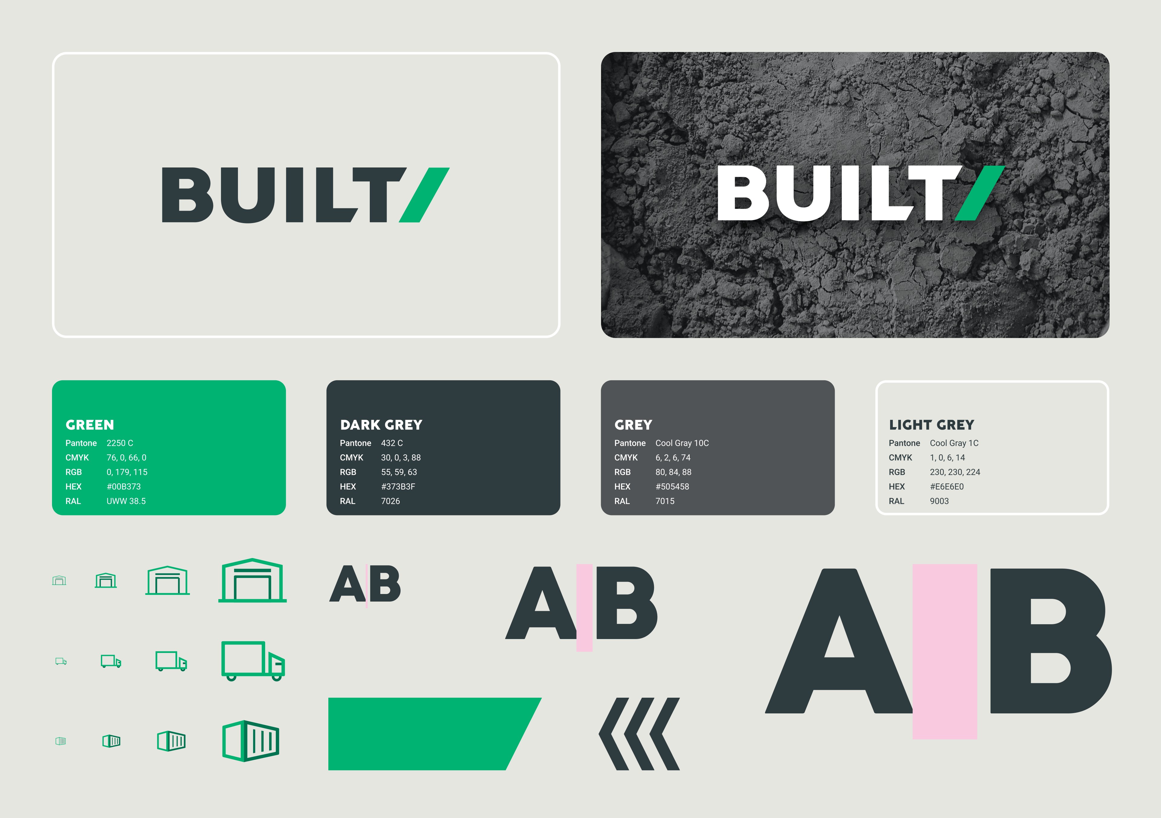 An image showing different components from the Built design system. It shows logos, colour styles and iconography.