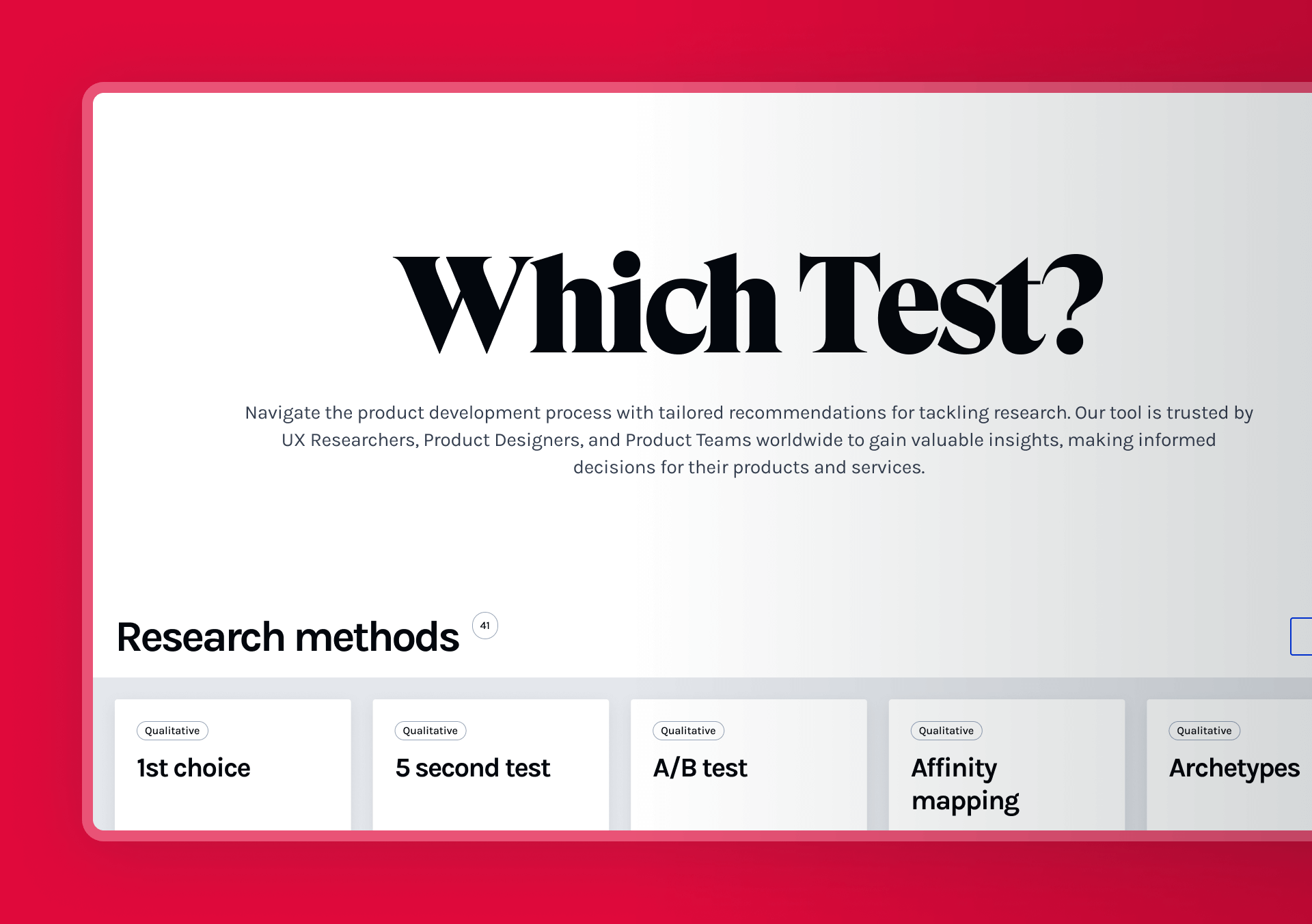 Visual of the which test tool offered by Glue on the website, allowing clients to browse through a large list of research tools and process to fit their unique project need